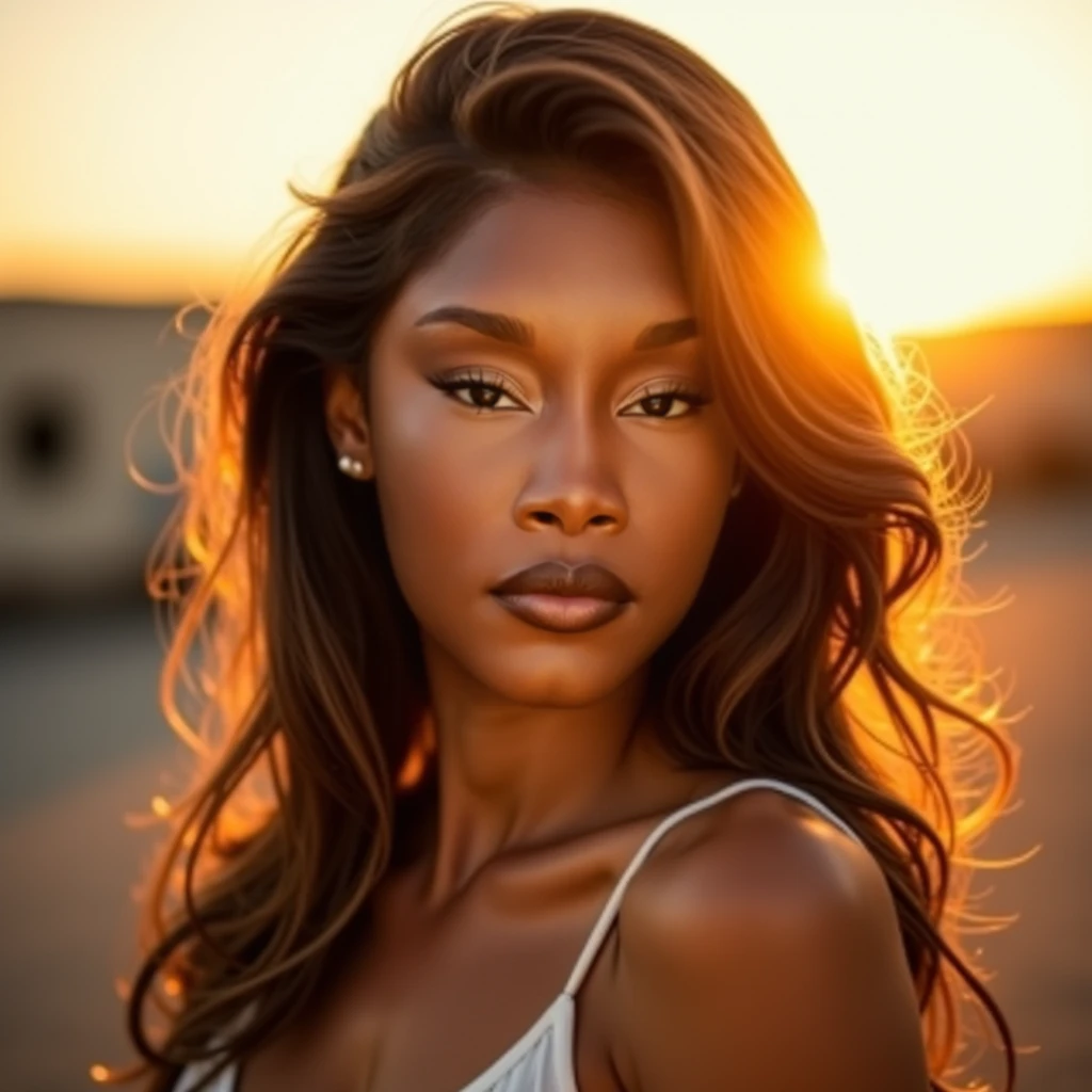 portrait of an insanely stunning beautiful sexy Afro-American woman in a big city environment, messy windy light brown hair, flipping hair, honey eyes, symmetrical face, dramatic lighting, Chaotic atmosphere, sharp eyes, (extreme skin details) ultra realistic, rule of thirds, dramatic overhead lighting, detailed face, cute, shallow depth of field, intricate details, gold rays,