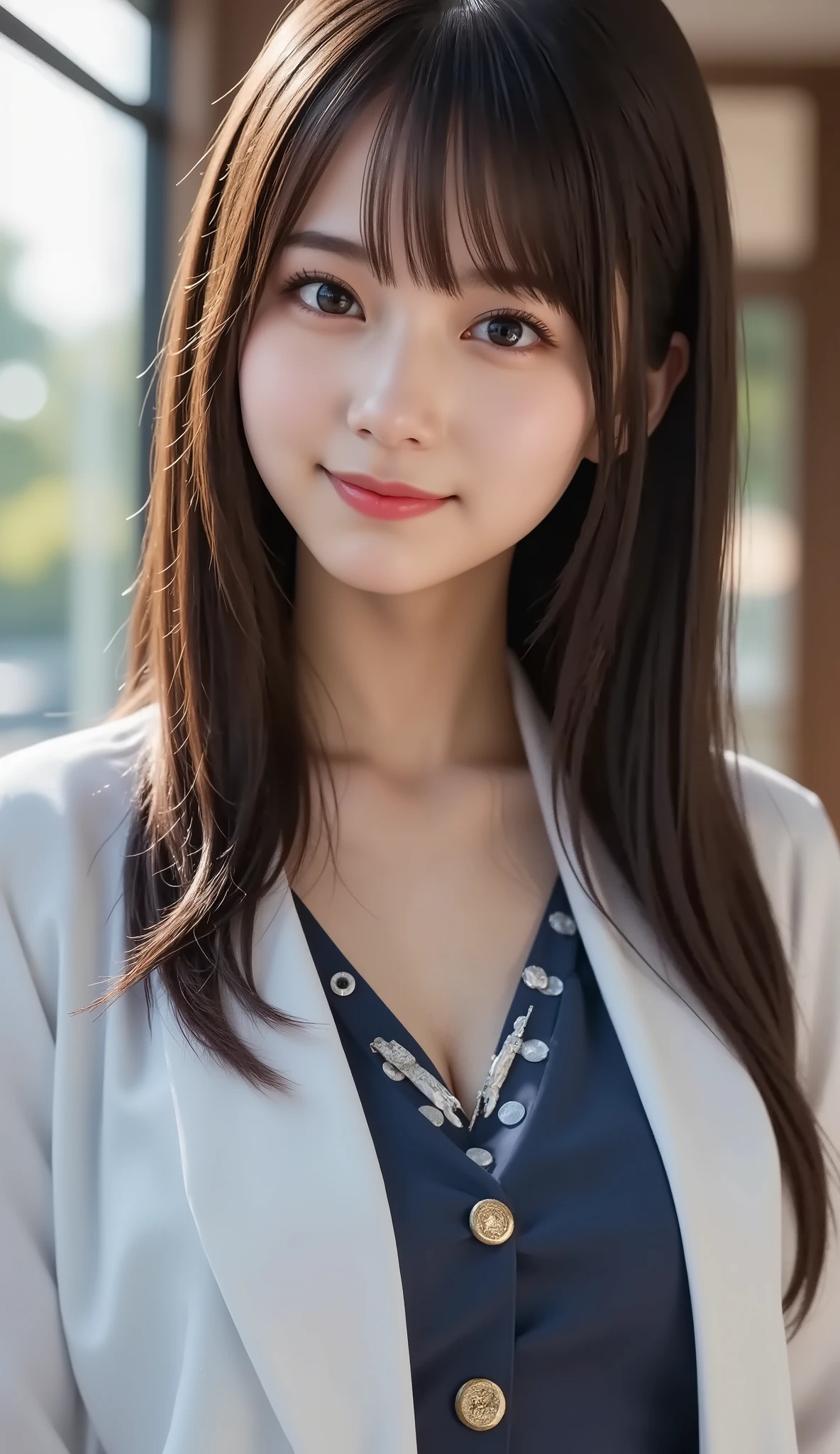 (a state where the face is accurately positioned in the center of the image: 1.5), (upper breast: 1.5), (fully reflects the entire head: 1.5), (Face clearly visible: 1.2)、 (Female police officer : 1.5), (Jail : 1.5), long hair、bangs, smile, young and cute japanese face , official art, high image quality CG Unity 8k wallpaper,Ultra high image quality , very well detailed, high image quality , film grain , lens flare glow , Best Quality ,8k, as a portrait shot ,8k, viewer , (( masterpiece)), (( Best Quality )), ( very well detailed), (( it's cute )), (( sexy)), (( very well detailedな)), ( Detail Wear Features ), ( beautiful), illustration of a woman with a penis , beautiful Japanese woman, (( ladies 1 )), (Tight Chest : 1.3)