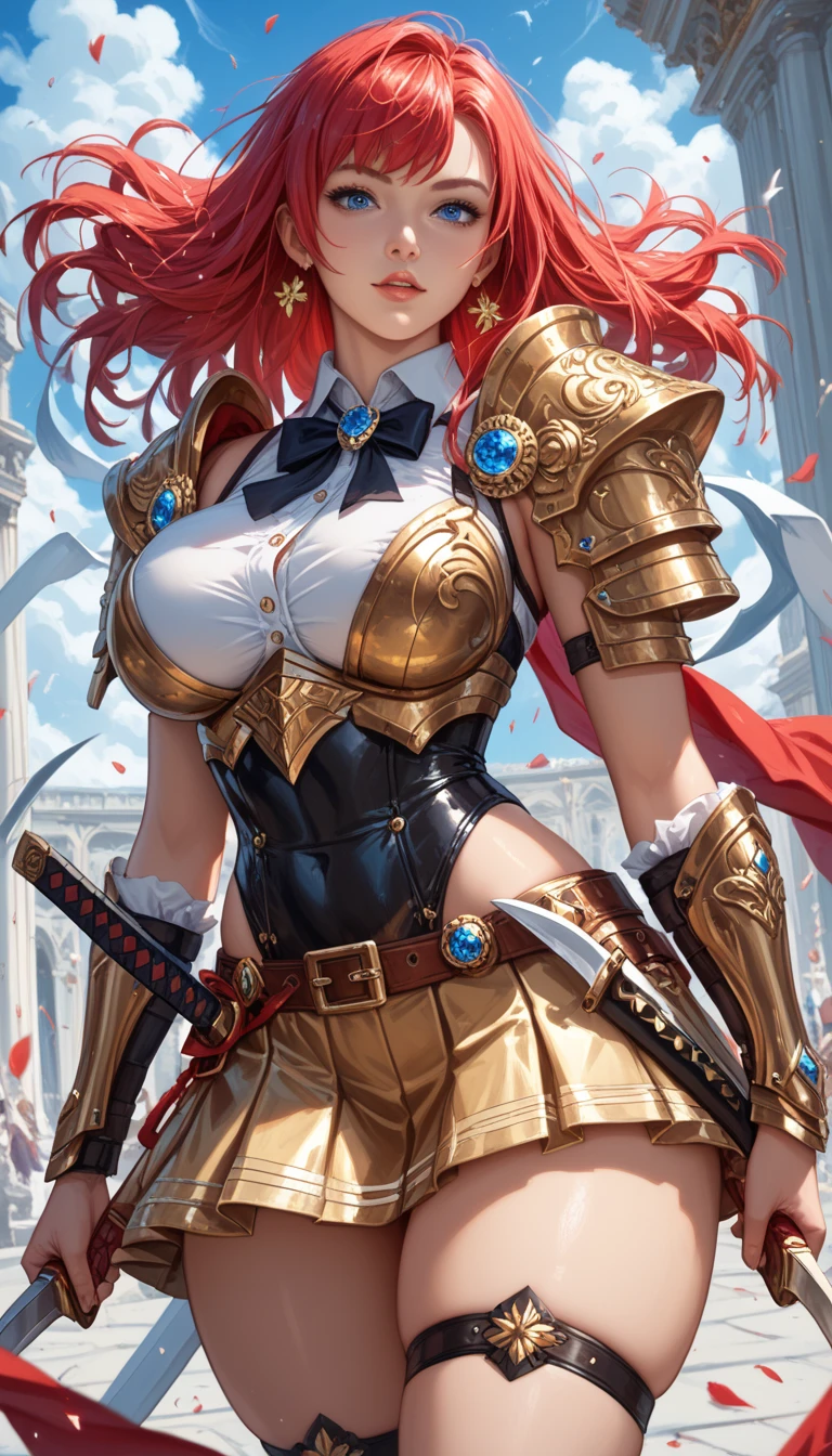 erza .beautiful woman 27 years old red hair and red eyes big breasts. wears metallic armor blue skirt. espada. fondo un castillo