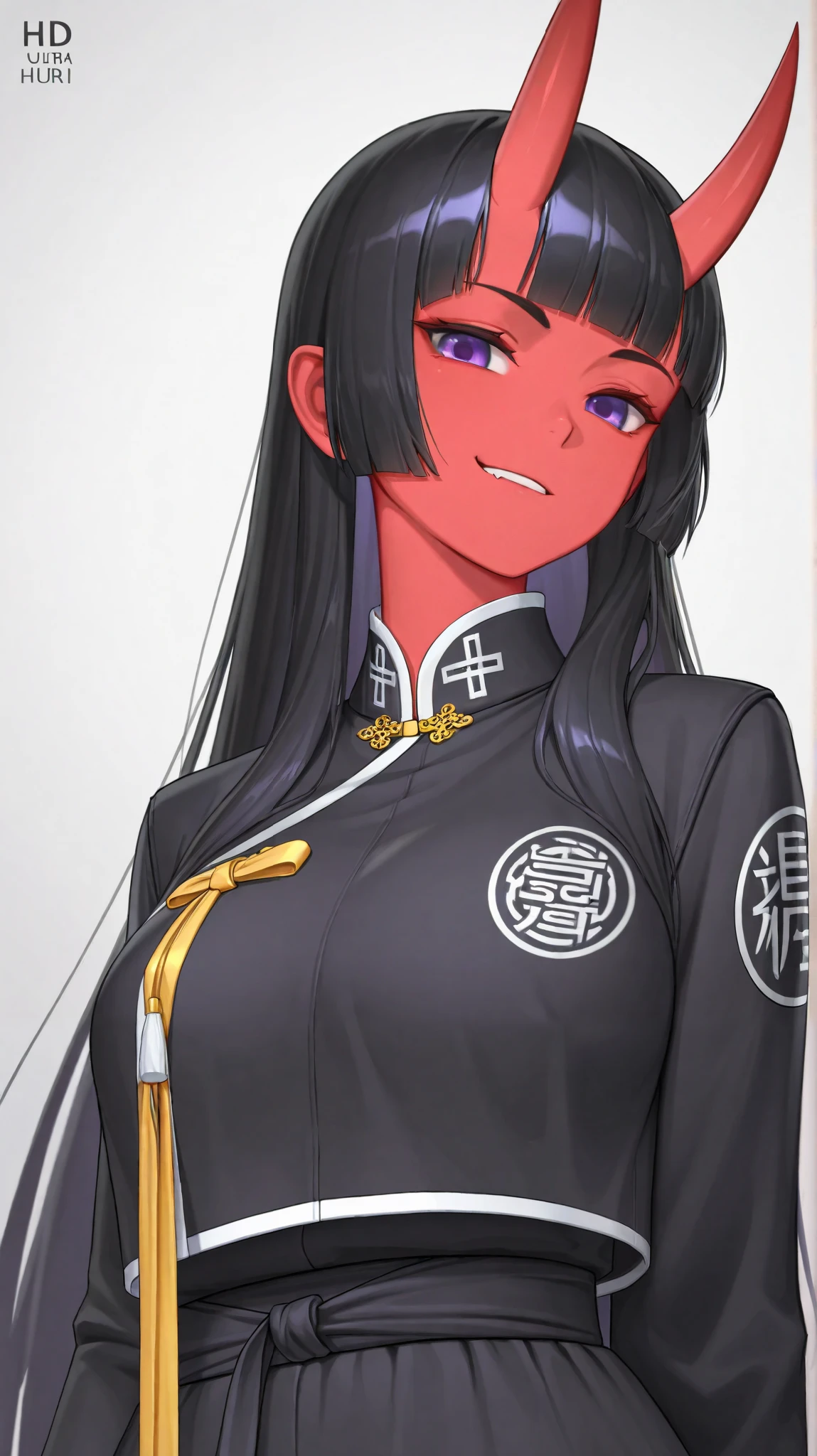(((HD))), (((Ultra High Quality))), ((hyper detailed)), ((Ultra High Resolution)), ((detailed eyes)), (((8K))), one girl, tall, Oni, Oni horns, red skin, long hair, blunt bangs, black hair, purple eyes, smirk, Korean clothing, black jin yi wei uniform, gold accents, medium breasts, simple background, white background