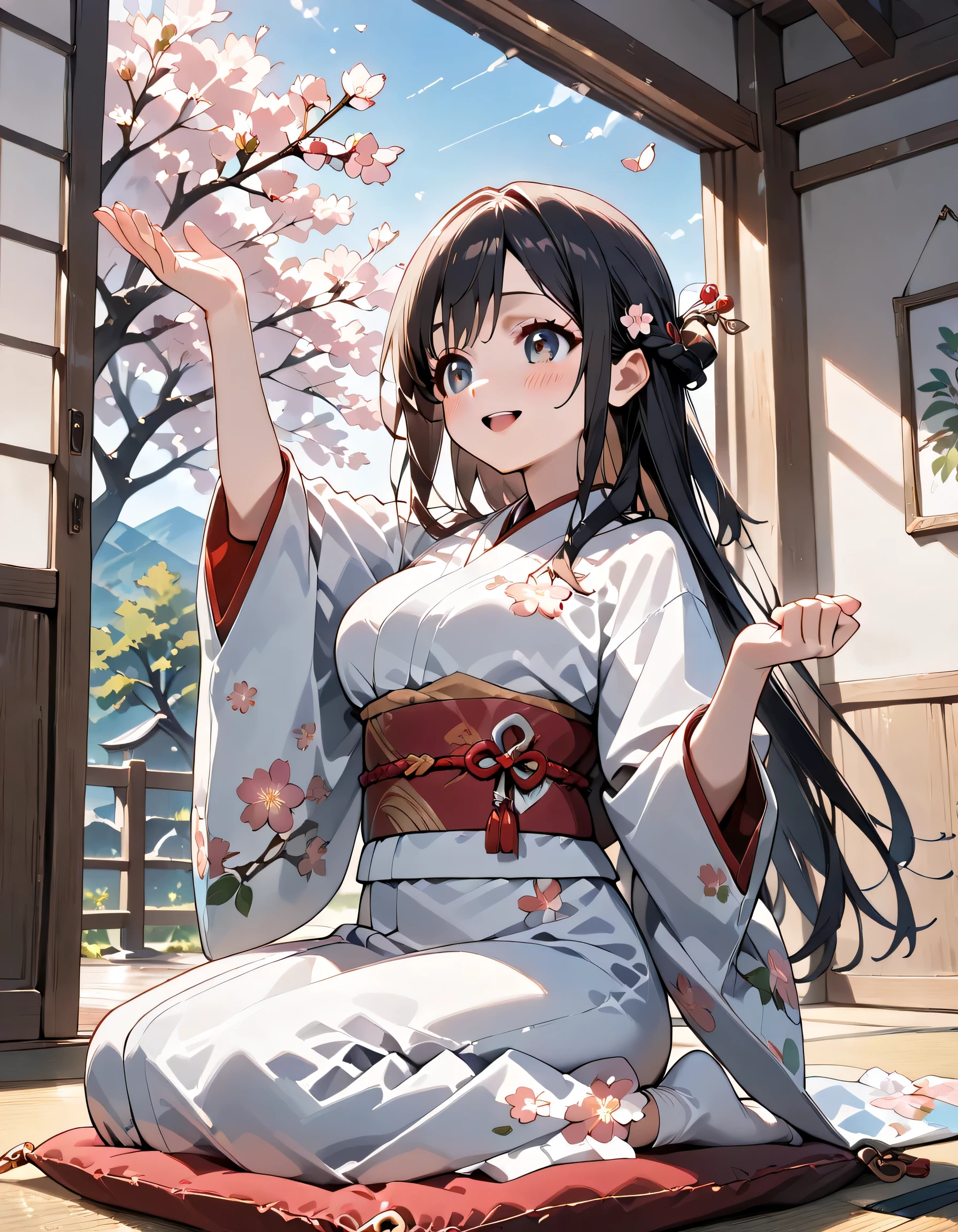 ((ultra-detailed)), (highly detailed CG illustration), (best quality:1.2), ultra-highly detailed, colorful composition, artistic photoshoot, 1girl, solo focus, ((upper body:1.4)), Japanese moe anime character, girl, dainty facial structure, (bab(round face), ((rounded chin:1.2)), ((ideal ratio body proportions)), celia-default, celia claire, (blue eyes), sparkle eyes, black hair color, long hair, half updo, ((smile)), ((blush:1.4)), ((pink ankle-length long furisode costume with gorgeous floral pattern:1.4)), ((red obi with golden decorations)), ((red Japanese ornate hairpin with golden decoration)), ample breasts, ((wariza)), ((seiza)), ((Sitting with a cushion on top of the tatami)), ((Japanese-style room with a view of the garden)), beautiful detailed sky, cherry blossom petals, cherry trees, row of cherry trees, breeze, petals dancing, low angle, expecting, pink cheek, blush, light pink gloss slip, portrait, depth of field, soft lighting, sidelighting, (shine), lighting, caustics, ray tracing, smile, perfect face, lustrous skin, highly detailed face, highly detailed eyes, perfect face, perfect nose, perfect hair, perfect eyes, perfect anatomy, beautiful hair, beautiful small face, extremely detailed face, beautiful detailed eyes, beautiful clavicle, beautiful body, beautiful fingers, 4 fingers, 1 thumb, lovely, (very detailed background:1.0), (highly detailed background:1.0), spring aesthetic, intricate details, solemn serene and respectful atmosphere, spring colors palette, chromatic aberration