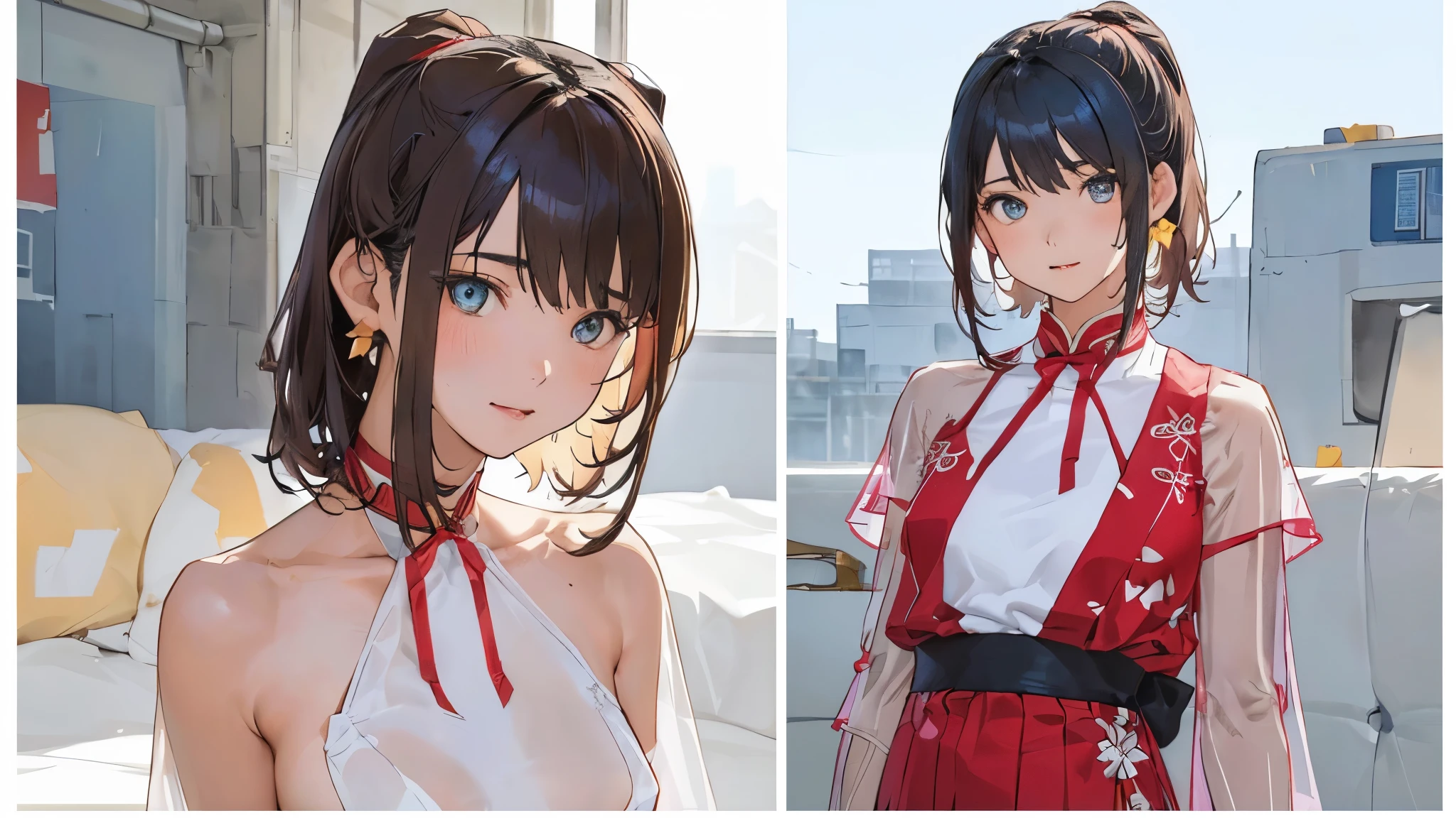 1girl in、Best Quality、、Very cute、A smile、Japanese、、Very cute、glad looking face、short-hair、Golden head hair、beautiful eyes、cleavage、胸の谷間、3D rendering、自撮り、cheongsam、qipao、beautiful embroidery、中華街、