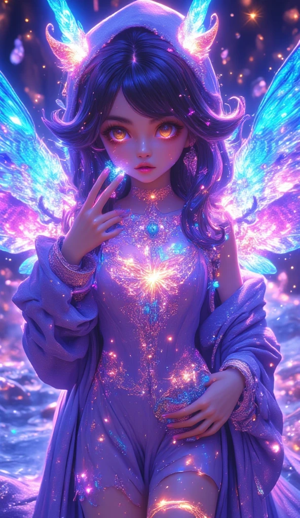 A female angel,Beautiful face,Blue wings grow on the back、with black background,tmasterpiece,best qualtiy