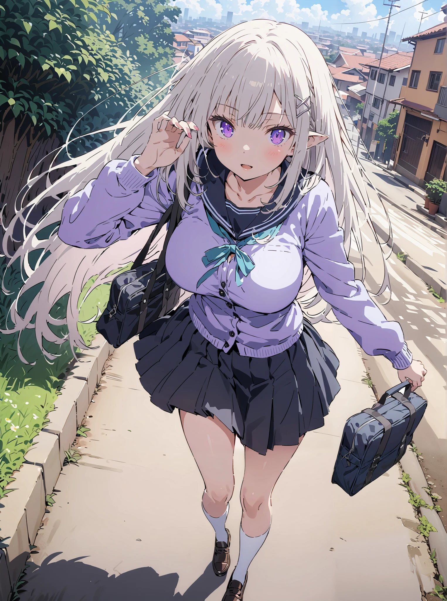 score_9, score_8_up, score_7_up, source_anime, Emilia, knitting glasses, crown knitting glasses, flower, hair flower, hair ornaments close to the garden, hair bow, long hair, pointed ears, purple eyes, white hair, x hair ornaments close to the garden, big breasts,, Black sailor suit,purple cardigan, Long Sleeve, black mini pleated skirt ,white thigh high socks,loafers,School bag,Walking,morning,Beautiful cityscape,full bodyがイラストに入るように, break outdoors, residential area,
break looking at viewer,full body,
break (masterpiece:1.2),Best Quality , kampala, Unity 8K Wallpaper ,(shape:0.8),( fine, beautiful eyes :1.6),It's a person ,full body写真,CG Details , (perfect hands, complete anatomy),,