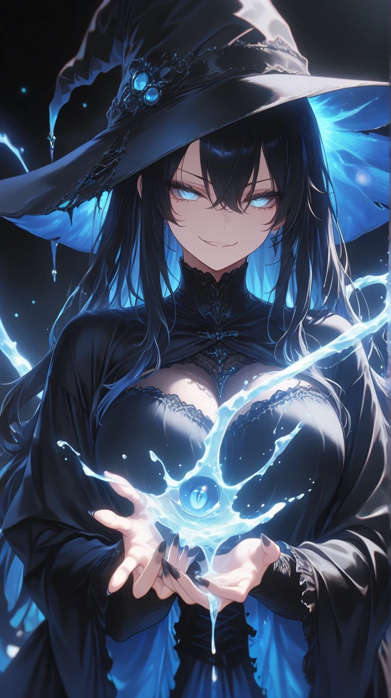 (Masterpiece, Best Quality, Ultra High Resolution),1girl,witch hat, beautiful and detailed face, detailed eyes,obsidian Hair,((witch outfit)),holding a green fireball
