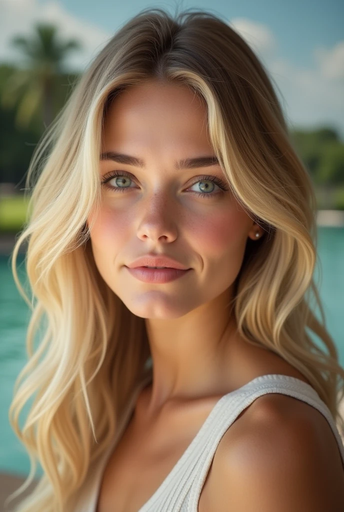 The woman's face is oval and has harmonious features.. Her blonde hair is long, wavy and flow naturally around your face, framing it gently. She has well-defined, blonde eyebrows., that complement your serene expression. Your eyes are big, with light green irises and long, voluminous eyelashes. The cheekbones are high and subtle, giving a natural elegance to your appearance. Your nose is delicate, with a smooth contour. Your lips are full and well shaped, with a slight smile that adds an air of kindness to his expression. The skin is flawlessly clear and radiant, highlighting her youthful beauty. The woman presents a slim and toned silhouette, with an elegant posture that exudes confidence. Your torso is elongated with a defined waist, complementing the gentle curve of your hips. The shoulders are delicately rounded, balancing the proportions of your body. The skin is visibly smooth and well cared for, reflecting a natural glow under the sunlight.