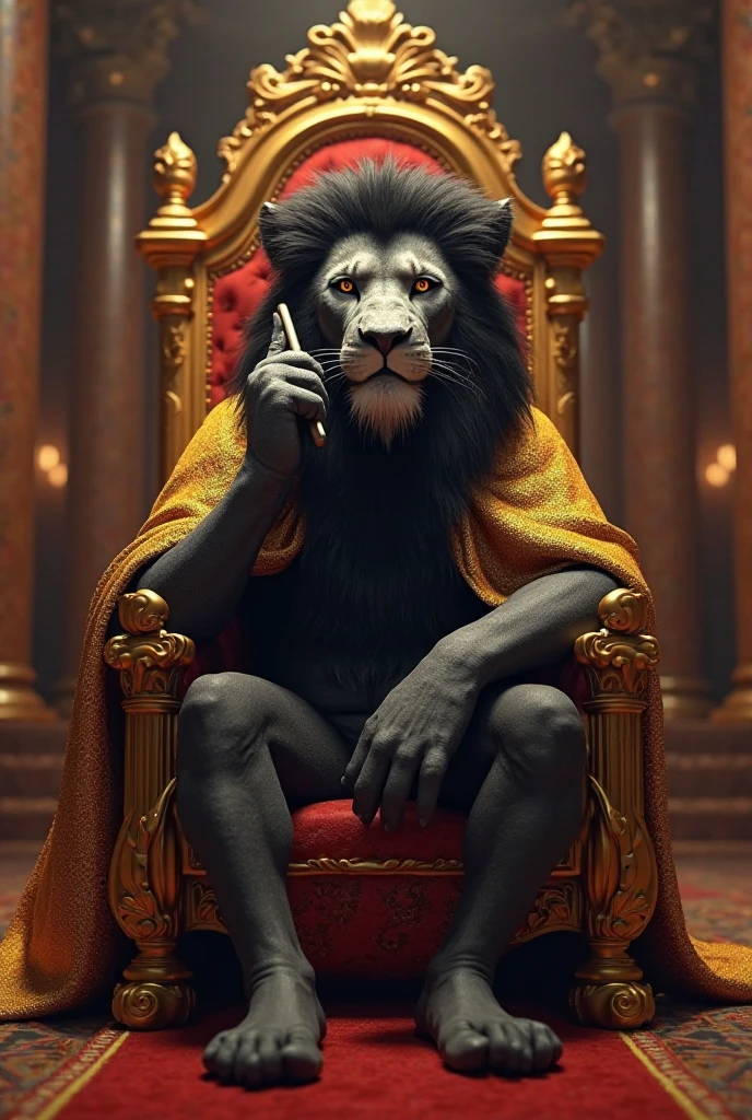 funny black lion king, crown with red precious stones, sitting in a throne, arabic monument, arabic palace, lion soldiers, human prisoner, photorealistic, warm light, gold, golden columns
Estimat