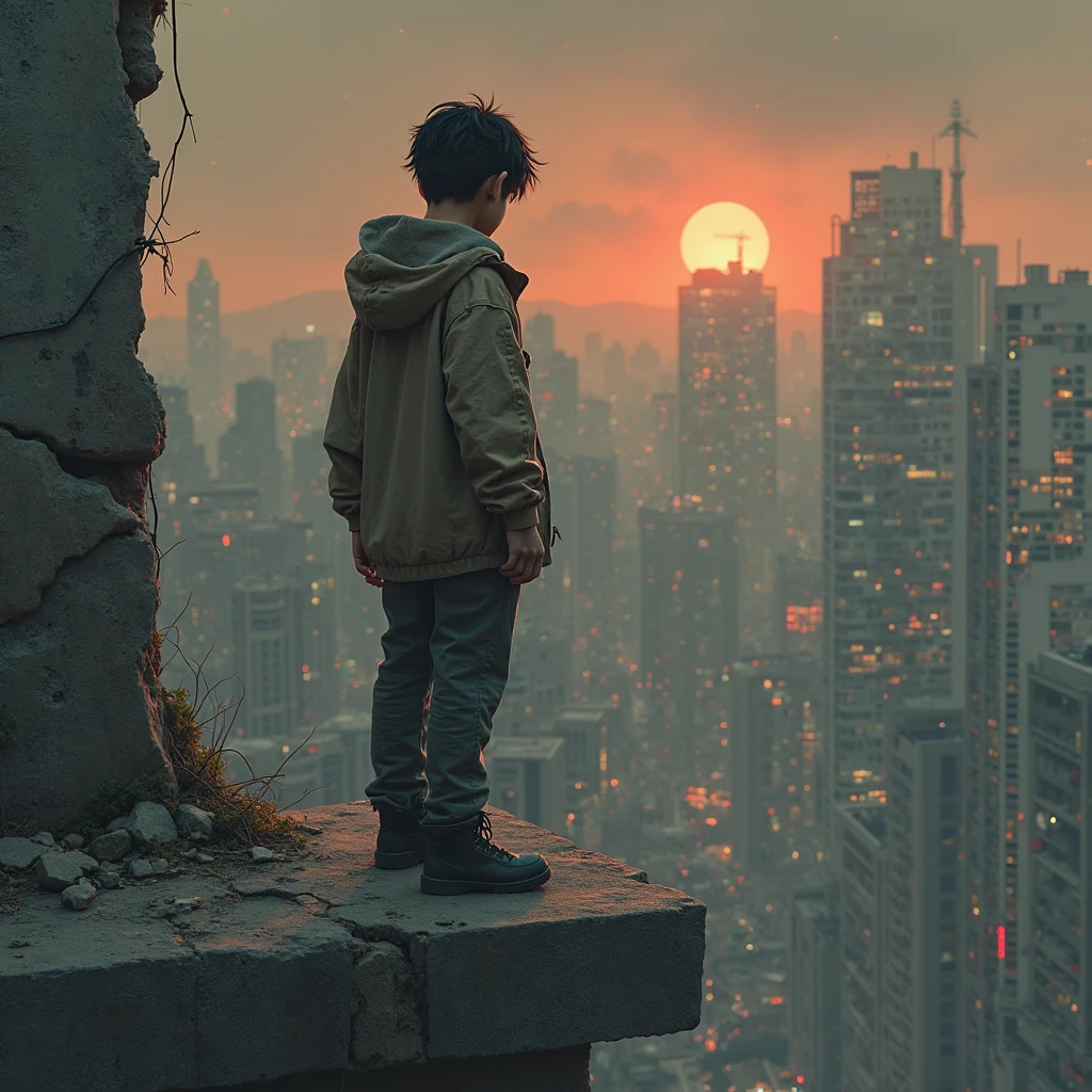 In this picture he is a boy he is watching like something is falling down from the sky so change the city like scary and wall before the person dangerous 8k