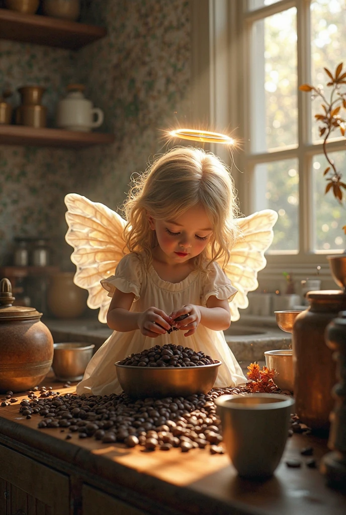 photoRealstic、Drawing of a little girl with a cup of coffee and angel wings、Beautiful Angel Girl、Close one eye、Rococo Room、Angel girl drinking coffee in luxurious room