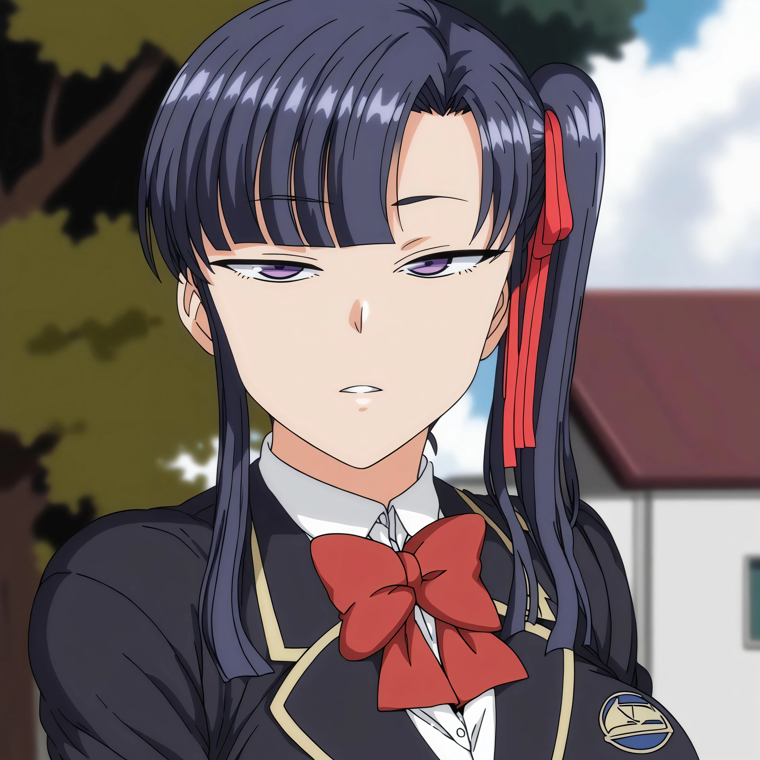 Anime girl with long black hair and red bow tie - SeaArt AI