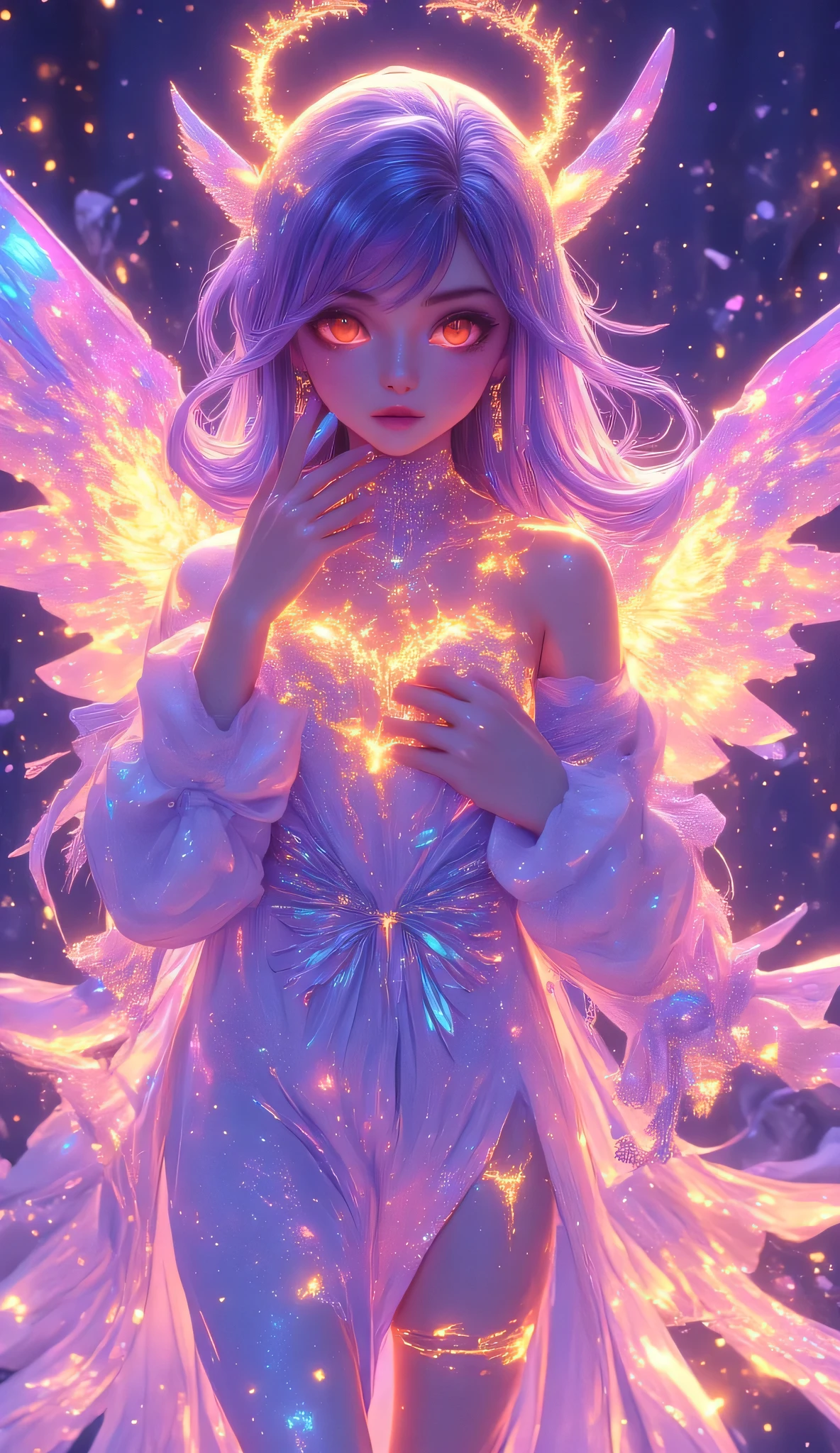 A girl in shiny patterns that glow with a beach, the girl has torn angelic wings glow with the glitter of God dressed in a torn rubber kigurumi Elf girl with freckles under her eyes in clothes made with a cut on the navel and on the legs and legs stockings in the navel ear earring chrestic girl sticks out her lips with her finger smiling maliciously smiling clothes cover her chest and the girl's belt is very clear, the eyes are bright as the sky behind the girl, animals flying the girl's angelic 4 wings, the girl's hair on the genitals is glowing, the girl's clothes are different in color and appearance cock in your mouth or come up with a beauty