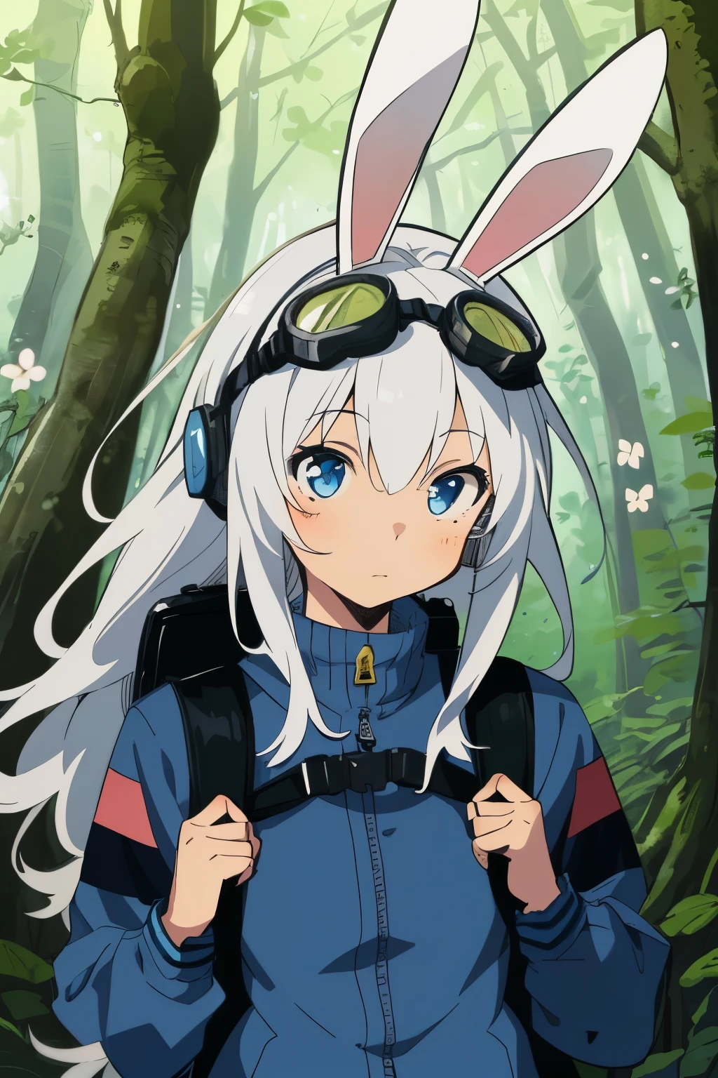 (best-quality:0.8), perfect anime illustration, 1girl, solo, long white hair, cyborg, (bunny ears, goggles on head, blue jacket, wearing a small backpack, hiking through a forest), mecha, automaton, creature, plant sprout, blossoms, raindrops, spring, magic, (close up), advntr
