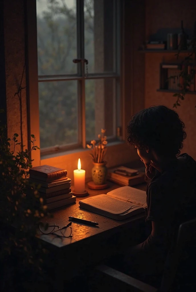 A desk bathed in the warm glow of a candle. The flickering flame makes ...