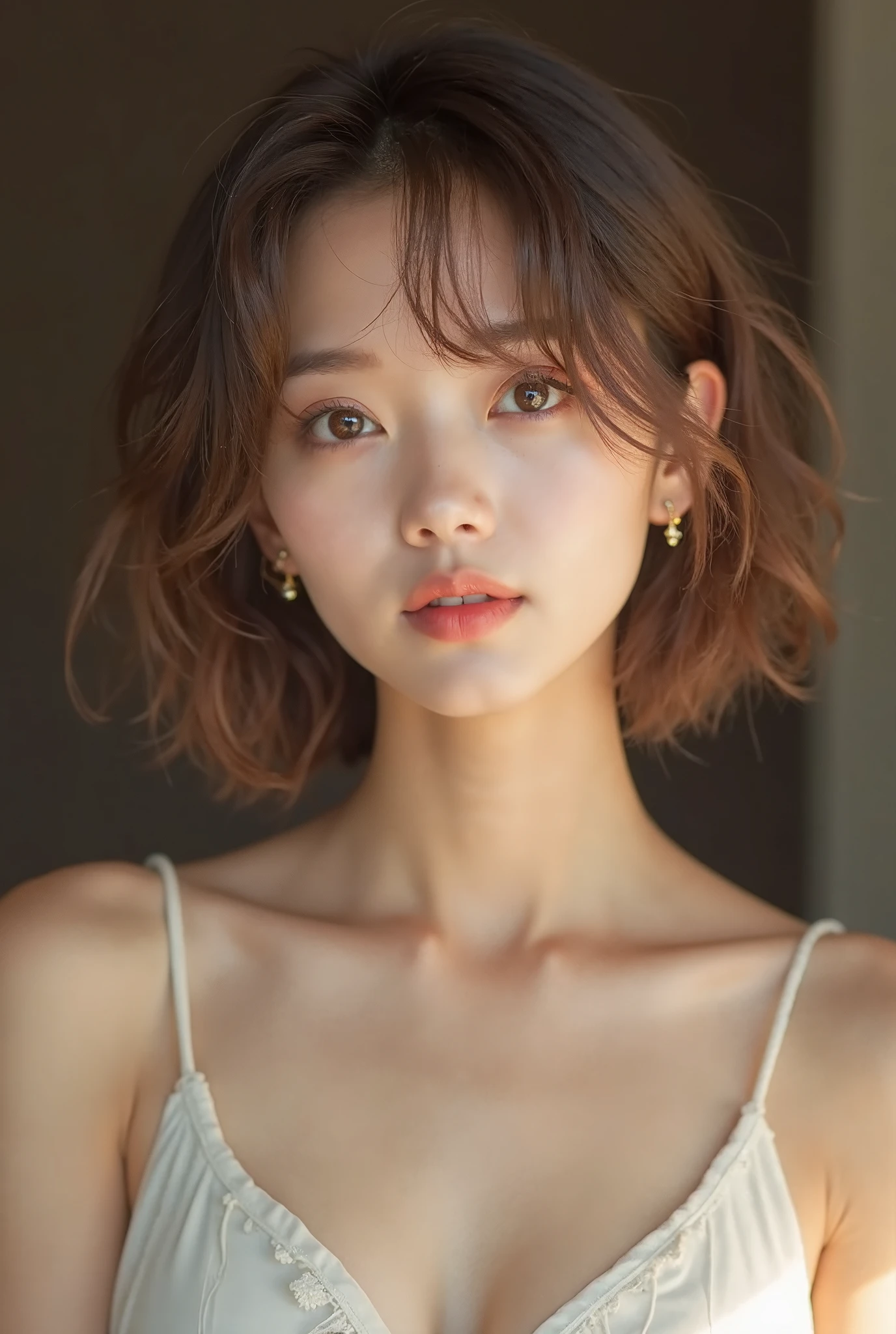 See-through tops、巨乳、キャミソール、(背景にwhite wall、Part of her hair is baby pink:1.4)、white wall、Taken in front of the white door、(窓のあるwhite wallの部屋)、((highest quality、8K、masterpiece:1.3))、ultra high resolution、(photorealistic:1.4)、raw photos、Japanese,(details face)、real、Shot in natural light、Highly detailed face and skin texture、highly detailed lips、correct state of the human body、bob hair、black hair、various poses、natural color lip