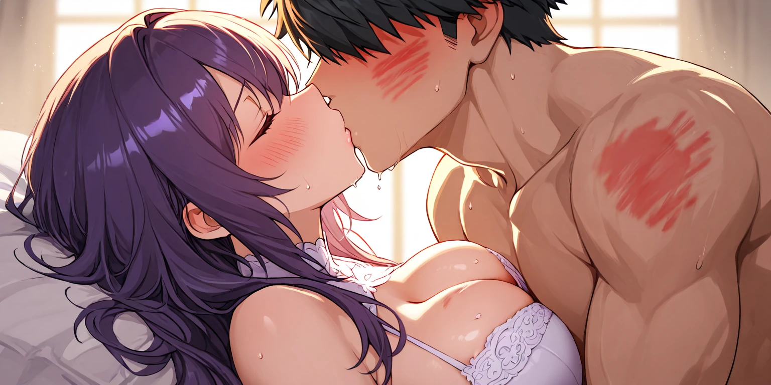 ((Highest quality)), ((masterpiece)), (detailed), （Perfect Face）、The woman is Akane Kurokawa, with blue bob hair, and is naked on the bed with a naked, middle-aged black man with a muscular beard. They embrace, kiss, and make love as they have sex. The man&#39;s penis enters the woman&#39;s pussy and ejaculates a large amount of semen, which overflows from the woman&#39;s pussy.、Man and woman wearing engagement rings、The man and woman are climaxing with pleasure