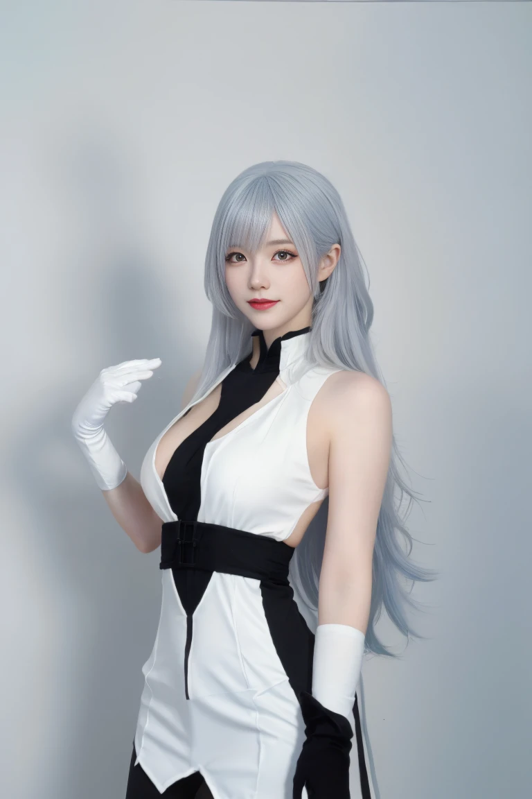 1girl，animal ears，Bangs，blush，tight clothes，s chest，Shut Up，Fake animal ears，mittens，earpiece，earpiece，Marl，Impossible clothes，blazer，Big Boobs，long long hair，mlong sleeves，looks at the viewer，pink bodysuit，pink eyes，Simple Background，Tight skin，smiled，solo，Double tail，upper Body，very long hair，whitebackground，WHITE GLOVES，White hair，Alice\(nikke\),(masterpiece:1.4),(best quality:1.4) ，（Shiny skin），lifelike，tight clothes