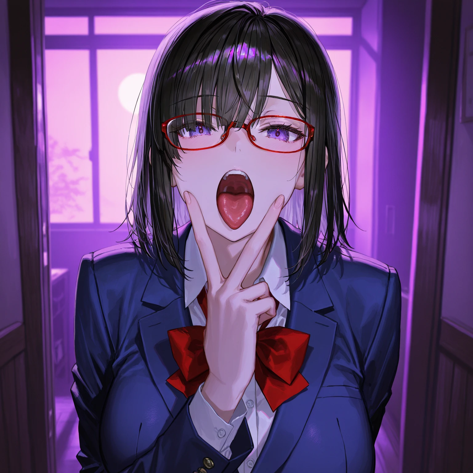 1woman,mature woman,blowjob,sucking a penis,black hair,face focus,sweaty,,bow tie,dress shirt,,at nightclub,cum,detailed skin,happy,short hair,looking at viewer,teary eyes, in mouth,pov blowjob,(peace sign),black glasses,cum on glasses,oval face,