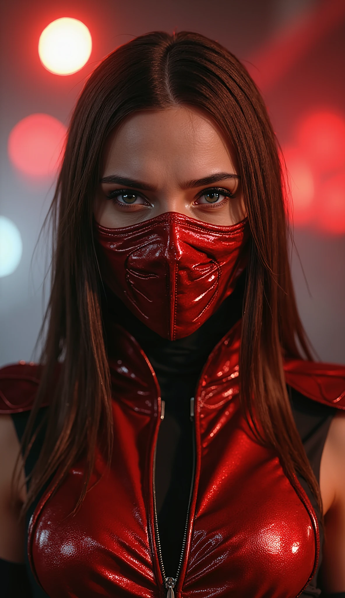 Here's a detailed prompt to generate a super realistic image of Scarlett Johansson as Scarlet, with her shiny red and metallic outfit, plus a bright metallic red mask: "Hyper-realistic Close-up by Scarlett Johansson as Scarlet, the enigmatic warrior of * mortal kombat*. She is in an intense and mysterious pose, with a confident and calculating expression. Scarlet wears her iconic shiny red and metallic, with realistic details that reflect light in an impressive way. Her metallic red mask, that covers part of the face , is highly detailed , with brilliant reflections and intricate patterns that match your costume. The focus is on the face and upper body, highlighting the skin texture , the metallic reflections of the clothing and mask, and the intensity of her eyes. The lighting is dramatic , with red tones and strong contrasts between light and shadow, creating a cinematic effect . The background is a realistic and dark setting, with red lights , dense smoke and elements of a gothic and mysterious environment, adding an intense and enveloping atmosphere." This prompt should guarantee an incredibly realistic and detailed image, on Scarlett Johansson's upper body as Scarlet, with her shiny red and metallic outfit, plus a bright metallic red mask, against a striking background! Red hair