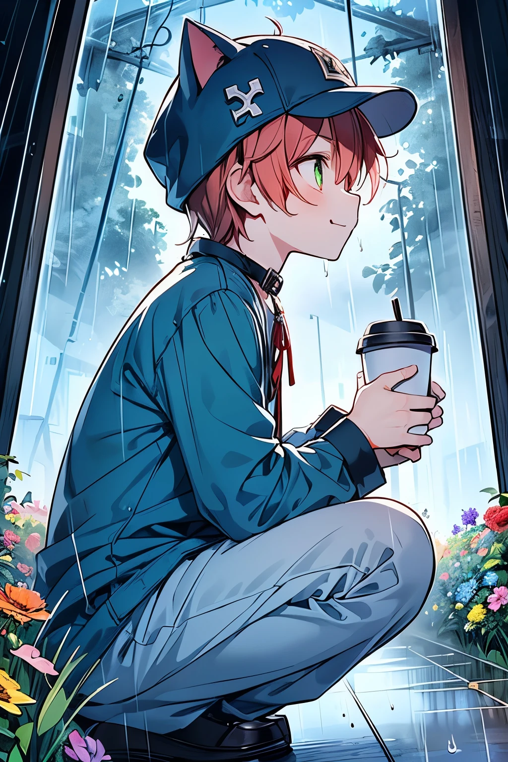 ((1-boy :1.3)),((handsome:1.2)),((adult male:1.15)),((Alone:1.1)),short hair,Red hair,((green eyes:1.25)),skinny body,((holding Coffee cup:1.25)),((eerily glowing eyes:1.3)),((:3:1.25)),((A filled with pleasure:1.1)),((ecstatic expression:1.1)),,((Evil:1.35)),((glassy eyes:1.15)),((cat ears hat:1.2)),((pet collar :1.1)),((wrist cuffs:1.05)),(looking up:1.25),((meadow with flowers:1.15)),(close up face:1.15),((rainy day:1.3)),(long volume sleeve:1.15),((crouching:1.2)),((side view:1.25)),
