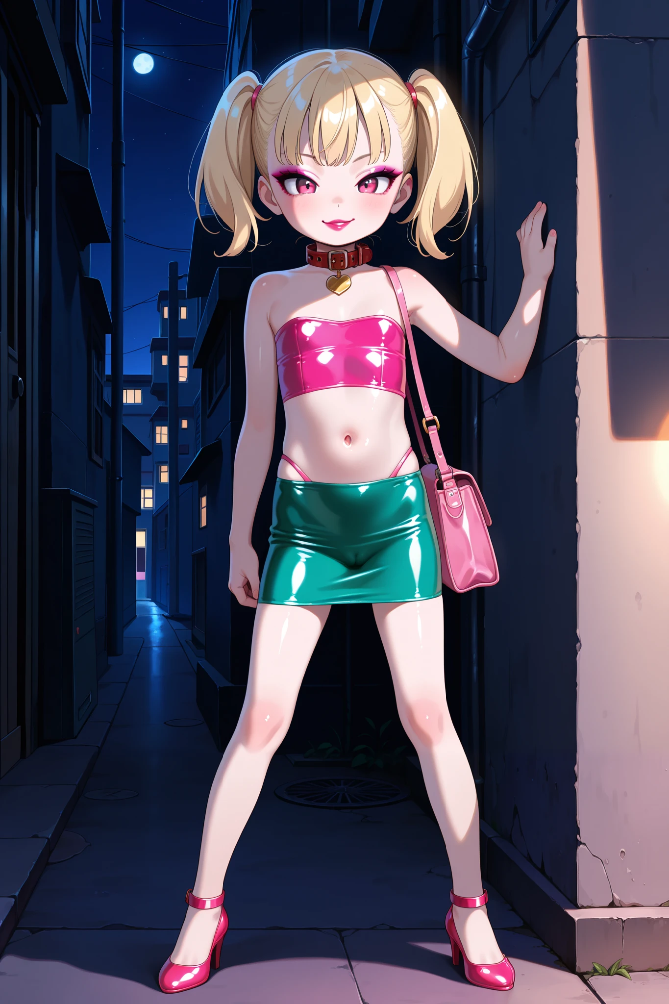 1girl,solo,(shiny clothes),(pink strapless),tight dress, midriff,pencil skirt,highleg,green skirt, twintails,(child:1.8), (loli:1.8),eyelashes, (makeup:1.4),(lipstick:1.4), (night:1.3), flat chest, pink eyes, blonde hair, smirk, alley,against wall, partially visible vulva, navel, legs apart, cleft of venus,shoulder bag, high heels, animal collar, facing viewer,