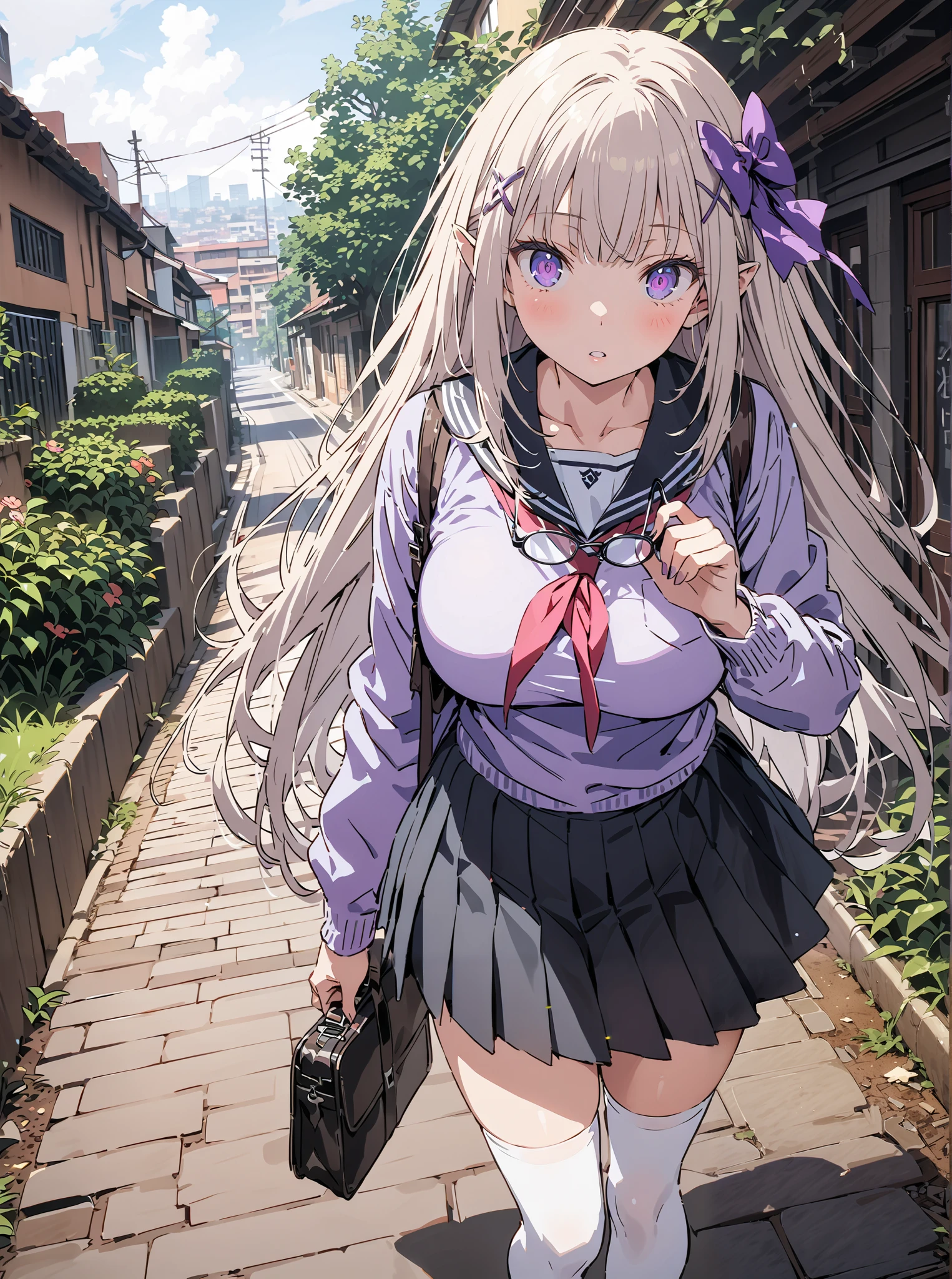 score_9, score_8_up, score_7_up, source_anime, Emilia,Alone, knitting glasses, crown knitting glasses, flower, hair flower, hair ornaments close to the garden, hair bow, long hair, pointed ears,Glasses, purple eyes, white hair, x hair ornaments close to the garden, big breasts,Black sailor suit,purple cardigan, Long Sleeve, black mini pleated skirt ,white thigh high socks,loafers,School bag,Walking,morning,Beautiful cityscape,full bodyがイラストに入るように, break outdoors, residential area,
break looking at viewer,full body,
break (masterpiece:1.2),Best Quality , kampala, Unity 8K Wallpaper ,(shape:0.8),( fine, beautiful eyes :1.6),It's a person ,full body写真,CG Details , (perfect hands, complete anatomy),,