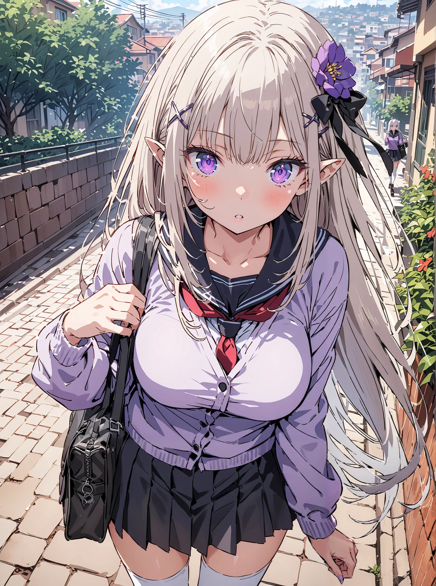 score_9, score_8_up, score_7_up, source_anime, Emilia,Alone, knitting glasses, crown knitting glasses, flower, hair flower, hair ornaments close to the garden, hair bow, long hair, pointed ears,Glasses, purple eyes, white hair, x hair ornaments close to the garden, big breasts,Black sailor suit,purple cardigan, Long Sleeve, black mini pleated skirt ,white thigh high socks,loafers,School bag,Walking,morning,Beautiful cityscape,full bodyがイラストに入るように, break outdoors, residential area,
break looking at viewer,full body,
break (masterpiece:1.2),Best Quality , kampala, Unity 8K Wallpaper ,(shape:0.8),( fine, beautiful eyes :1.6),It's a person ,full body写真,CG Details , (perfect hands, complete anatomy),,