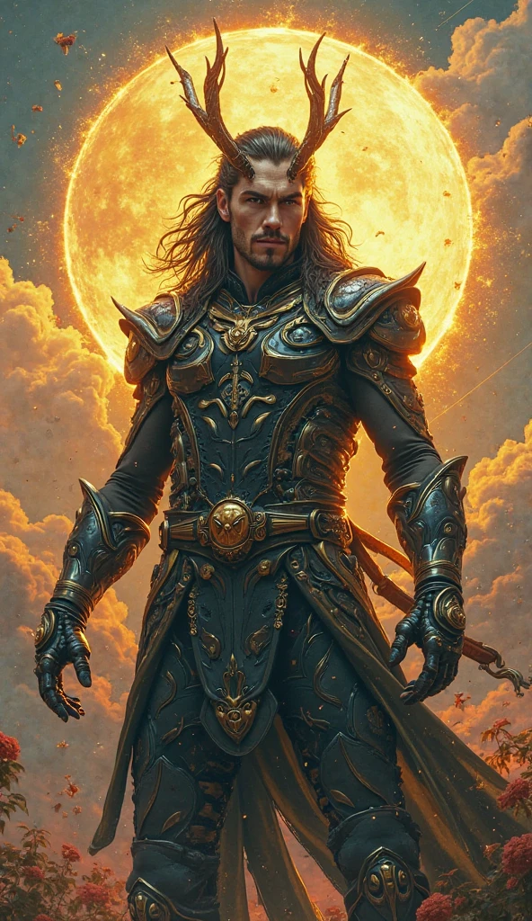 A man , sixpack , holdibg a trident, long hair in space (absurdres, highres, ultra detailed), masterpiece, best quality, a boy with in black outfit, red cape, wizard, solo, handsome, short hair, red hair, vibrant red eye, glowing eye, glow effect, finely eye, detailed face, red flame, spark, swirl, isolated land background, from below, look down, look at viewer, cowboy shot