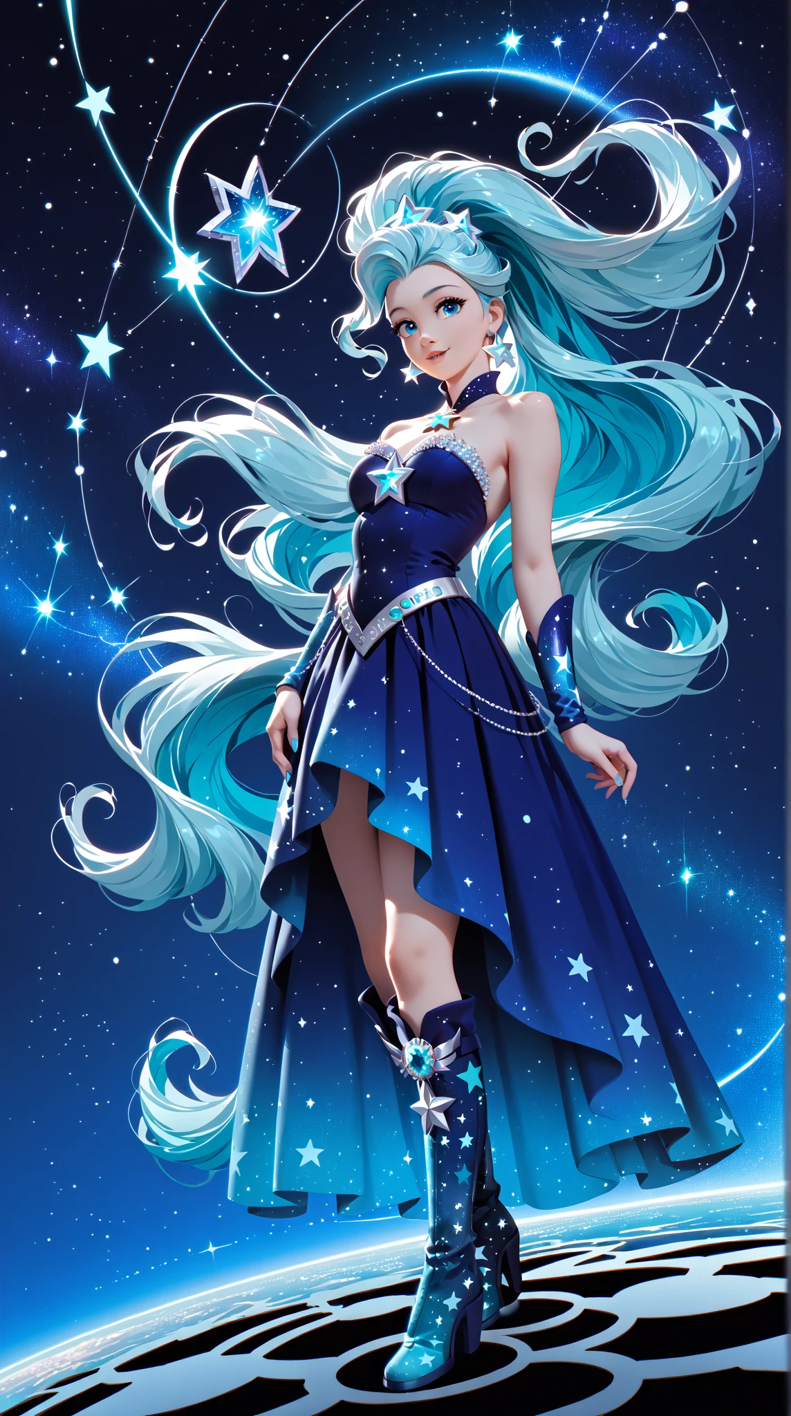((magical woman)), ((gorgeous starry sky background)), ((ultra-detailed)), ((best illustration)), ((cinematic lighting)), dynamic angle, floating, finely detailed, (glitter:1.2), (sparkle:1.2), (shine:1.2), classic, (painting:1.1), (sketch:1.1), (best quality), (masterpiece:1.2), (anime style), (solo), beautiful detailed face, (cute face:1.3), (big eyes:1.3), colorful hair, (long hair:1.2), (floating hair:1.2), (magical girl outfit), detailed outfit, (sparkling wand:1.3), (magical effects:1.3), (flowing skirt:1.2), (cute boots:1.1), (transparent fabric:1.1), (twinkle:1.2), (glow:1.2), (radiance:1.2), (flicker:1.2), (dazzle:1.2)