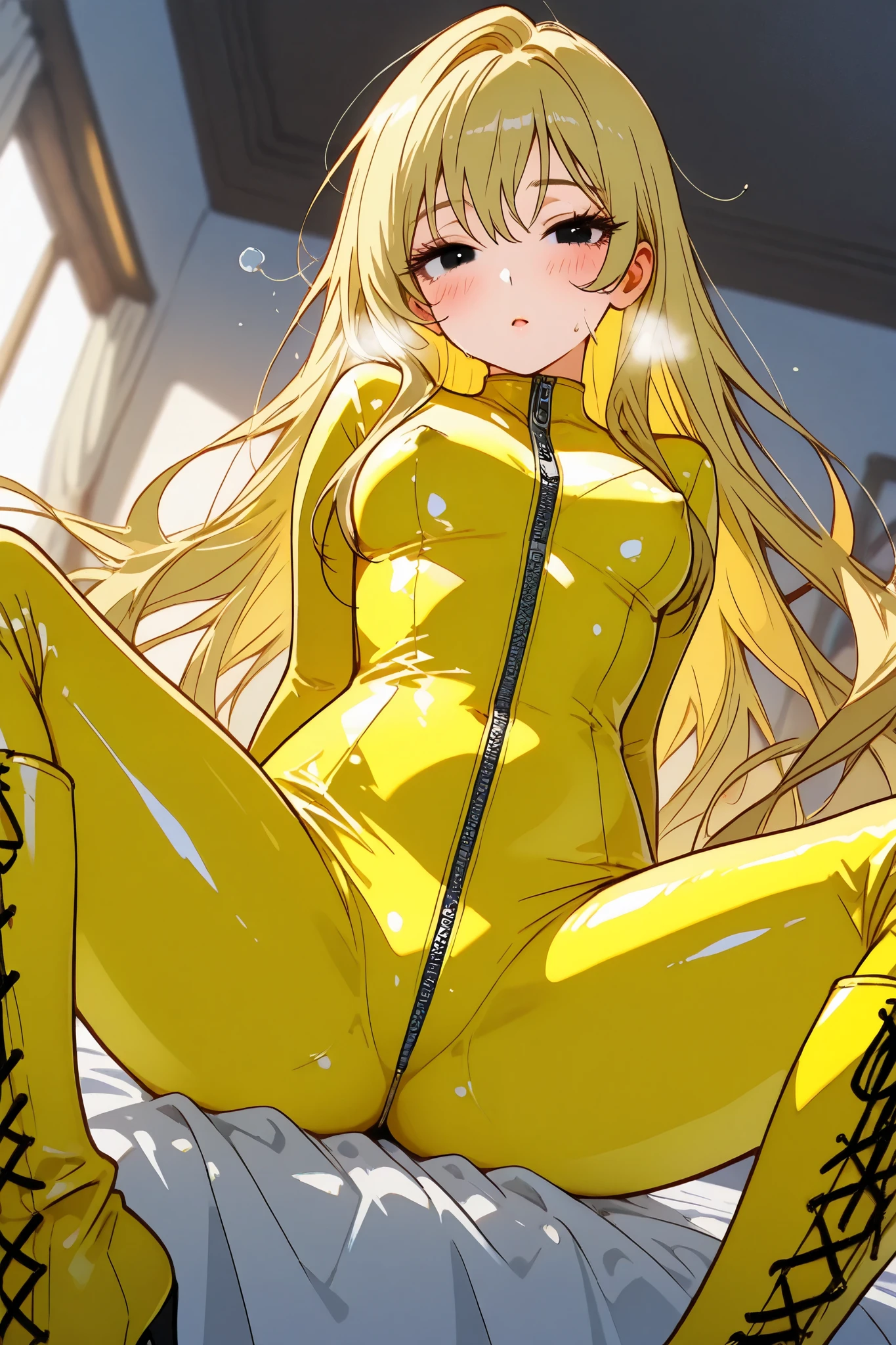 high quality, masterpiece, detailed, Touhou, Moriya Suwako, green latex suit, Sweat, Stuffy, steamy, Glossiness, shiny, whole body slimy, blond hair, yellow eyes, straw hat, Spread legs, Close-up on crotch,