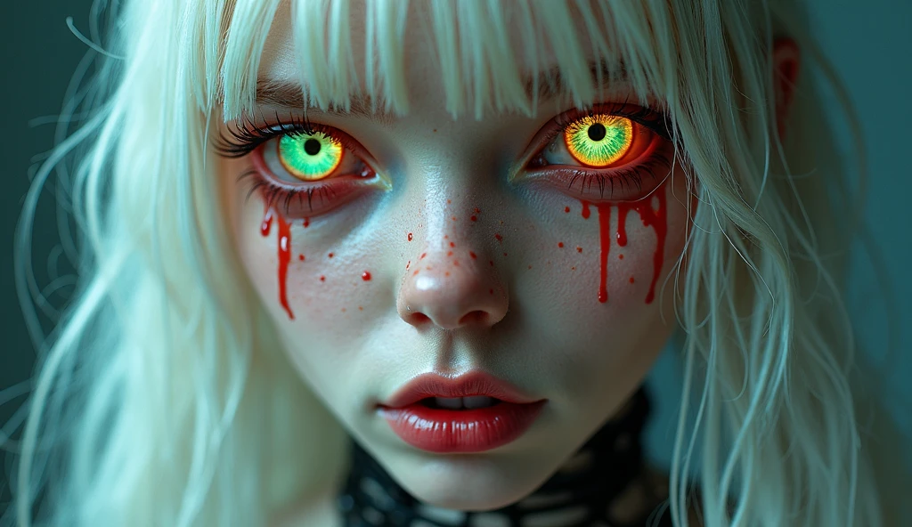 A close-up of a young girl around 19-20 years old with long White hair. Her bangs partially cover one of her eyes., giving it a mysterious air. She has red lips and stunning red eyes, with tears of blood streaming down her cheeks. she is wearing headphones, and the image is focused on your face, capturing the strange and emotional expression. The overall atmosphere is dark and slightly surreal., emphasizing the contrast between her pale skin, White hair, and the vibrant red elements.
