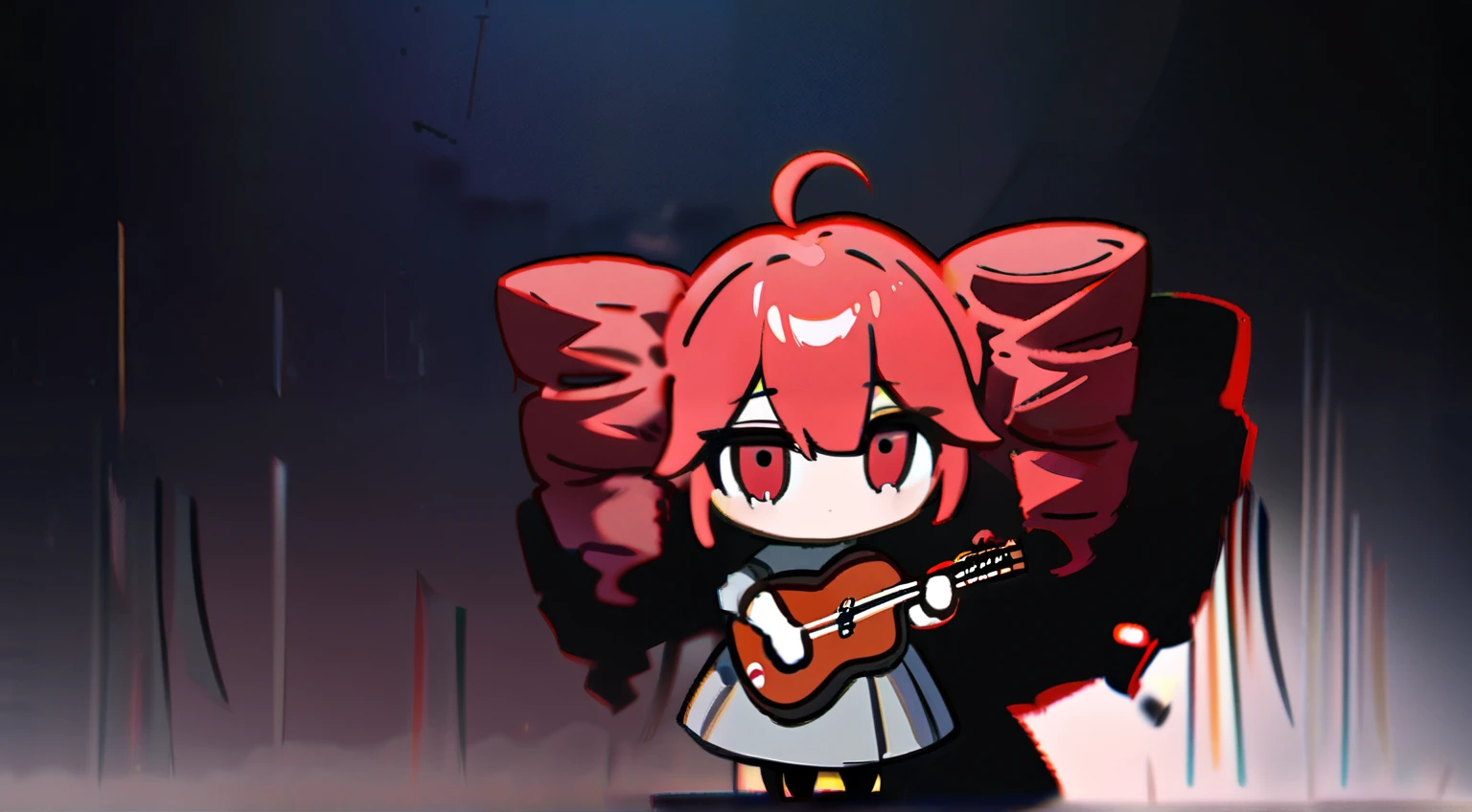 cute、1 girl、high quality、((masterpiece))、Tet、KasaneTeto、 twin drill hair、guitar、 redhead、 neat clothes in a pretty gray color,,,,,,,、 curly red hair like a drill 、 red eyes、
