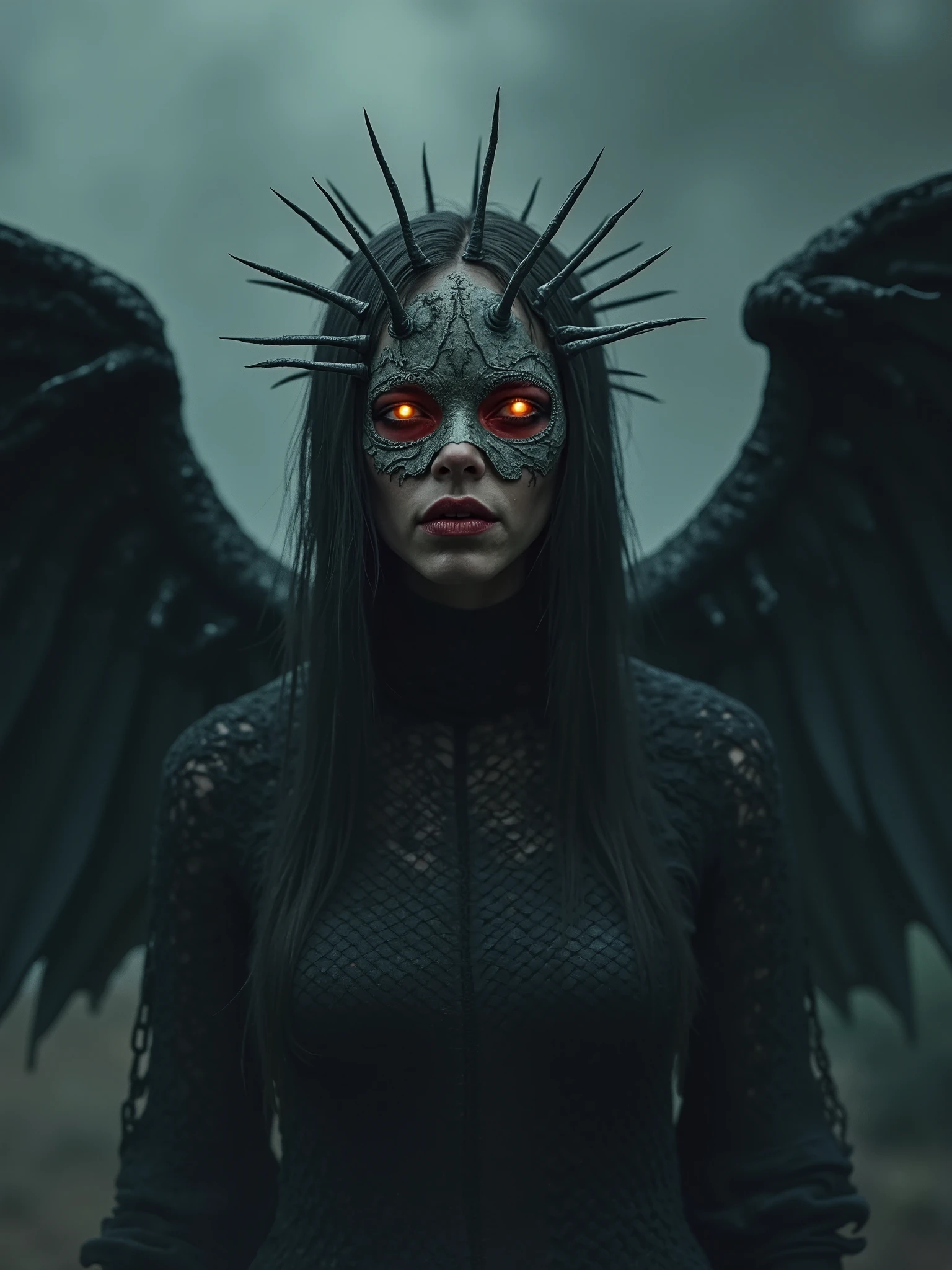 Dark surreal photography, masked female figure, realistic photography,wings from bones,metal spiked crown,covered in smoke,glowing eyes, bleeding from the eyes dark art,melancholic ambience, demonic background , chainmail shirt, half dressed
