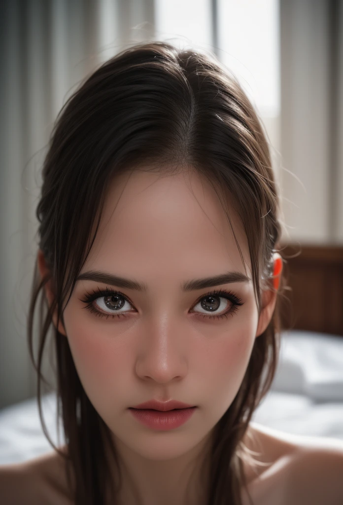 Photoreal, highest quality, High resolution, RAW photo, realistic、parted lips, smooth professional lighting, Beautiful woman, modeled、gravure、pov、super beautiful、realistic and beautiful skin、beautiful and detailed eyes、detailed face、1girl、big breasts、cleavage、long hair、brunette colored hair、brown eyes、looking at camera, SOLO, pose for a photo
