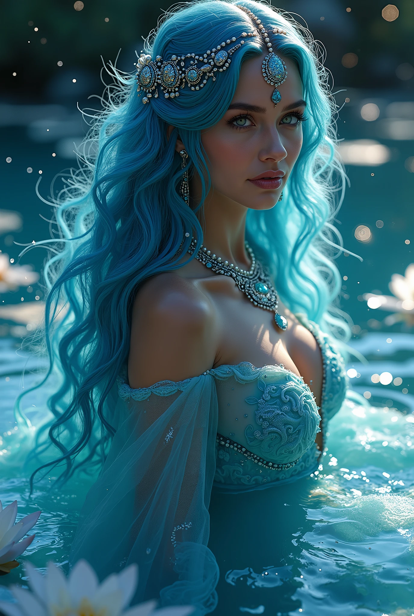 beautiful (ethereal:1.4) water-mage, long flowing hair, blue and silver robe, (casts intricate water spell:1.2), ripples and sparkles, detailed face, detailed beautiful eyes, (intricate:1.3), (arcane aura:1.2), (dreamlike:1.3), (subtle mist:1.1), (whimsical_patterns:1.1), (vibrant colors:1.2), (shimmering:1.1), (enchanting_smile:1.1), (otherworldly:1.2), (mystical:1.1), (detailed skin texture:1.1), (blush:0.5), (goosebumps:0.5), (subsurface scattering:1.1), (hyperrealistic:1.5), (detailed hair:1.3) ,Masterpiece,Cute face,Wet body Ocean Background, by lee jeffries nikon d850 film stock photograph 4 kodak portra 400 camera f1.6 lens rich colors hyper realistic lifelike texture dramatic lighting unreal engine trending on artstation cinestill 800, stunning VFX, Stunning CGI, CGI and VFX Stunning mountain background