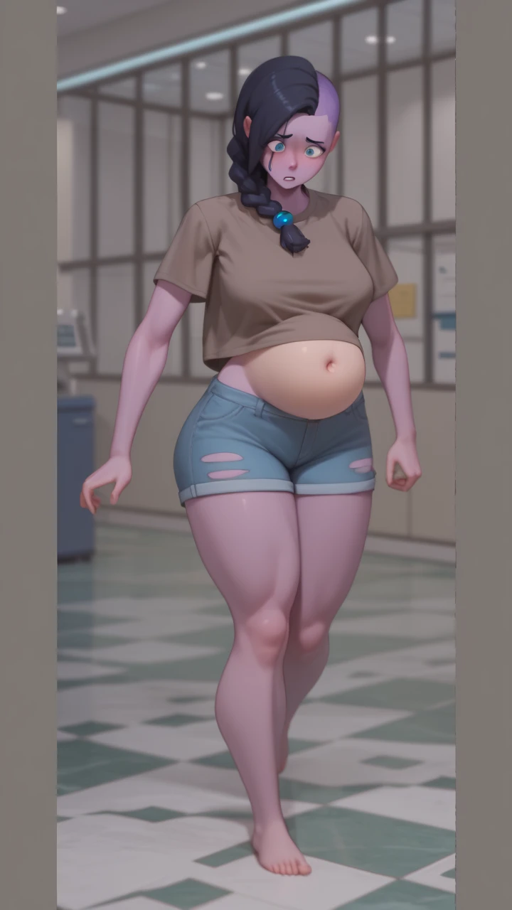 1 girl, small, goblin girl, female goblin, goblin, (green skin), ((large ears)), full body, jeans hot pants, (((short black hair))), ((small chest)), ((wide hips, thick thighlat )), Mature looking, (((Full body))), by front