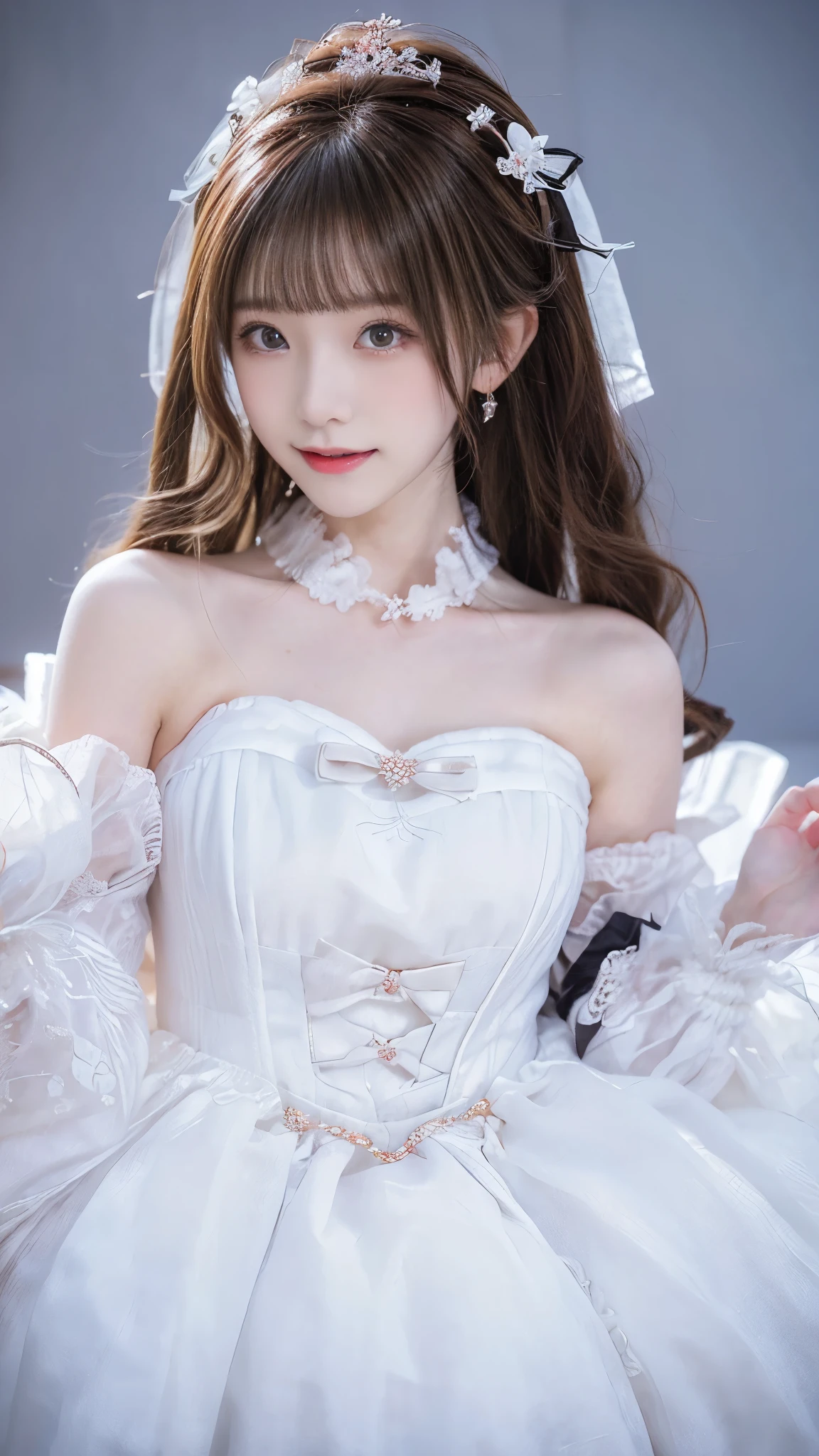 beautiful princess woman, chestnut hair , beautiful eyes, smiling, actual , Full HD, very nice dress ,Fluffy dress ,Curvy body,Gorgeous scene,Gorgeous decoration