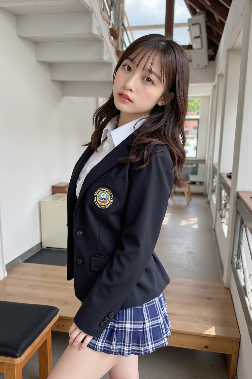 (16 K, Raw photography, Top image quality, ​masterpiece: 1.45), (realisitic, Photorealsitic: 1.37), one girls, cute little, A city scape,, profetional lighting, photon maping, school classrooms, physically-based renderingt, dark brown  hair,pony tail hairstyle, Well-groomed and beautiful eyes、((二重まぶた))、Transcendent Cute Girl, (((student clothes、blazers、Long sleeve shirt worn by Japan high school girl、Ribbon Ties、Dark blue mini skirt,、Dark blue socks、Black loafers))), Top Quality Photos, hight resolution, 1080p, (clearface), (Detailed face description), (Detailed hand description), (​masterpiece), (Exquisite CG)、extreme light and shadows、dishevled hair、master work、abundant detail、(Fine facial features)、(top quality photo)、(masuter piece)、(A detailed eye)、Look in front of you、Fine clavicle、((Slender big))、(((Japan schoolgirls wear jackets and long-sleeved shirts)))、((Neat and clean idol))、((School Gate、school ground、School building in the background))、(Shooting from random perspectives)、(((Anyway cute)))、耳Nipple Ring、A big smile、Drawing the whole body from the knees、Do not draw nasolabial folds、(((Sports bags used by Japan schoolgirls)))、(Big breasts that hang down big:1.2)、Big buttocks with tension、Two arms and two legs、(((from the front side:0.7)))、bare hand、(((Left and right symmetrical eyes)))、Standing Pose、There are chairs、Put your hands on your desk、Do not take the tie out of the jacket、Raise your buttocks:1.5，barebacked:1.5，
