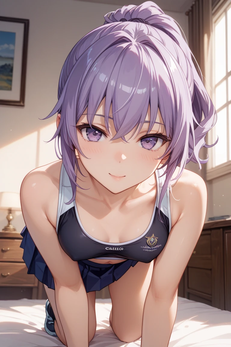 masterpiece, best quality, highres, ny1,,looking viewer,,spoken heart,,(petite), ,swimsuits,leotard,socks,expressionless,my room,smile,on bed,nsfw,ass,from back