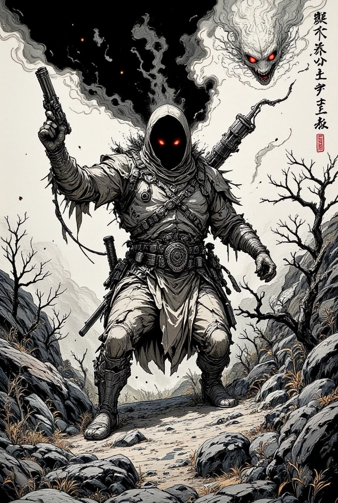 bloom, monochrome , ink sketch ,(( a cursed marble statue with bright red eyes in the deep forest , strong and robust, dynamic position , with shoulder straps and leather bones, big, sharp fangs, Skull leather belt :1.5)), combat position , looking at the spectator , broad, by the floating, Hanfu, Chinese clothing, long sleeves, ( abstract ink splash :1.2), fondo negro con arboles bigs y enmarañados