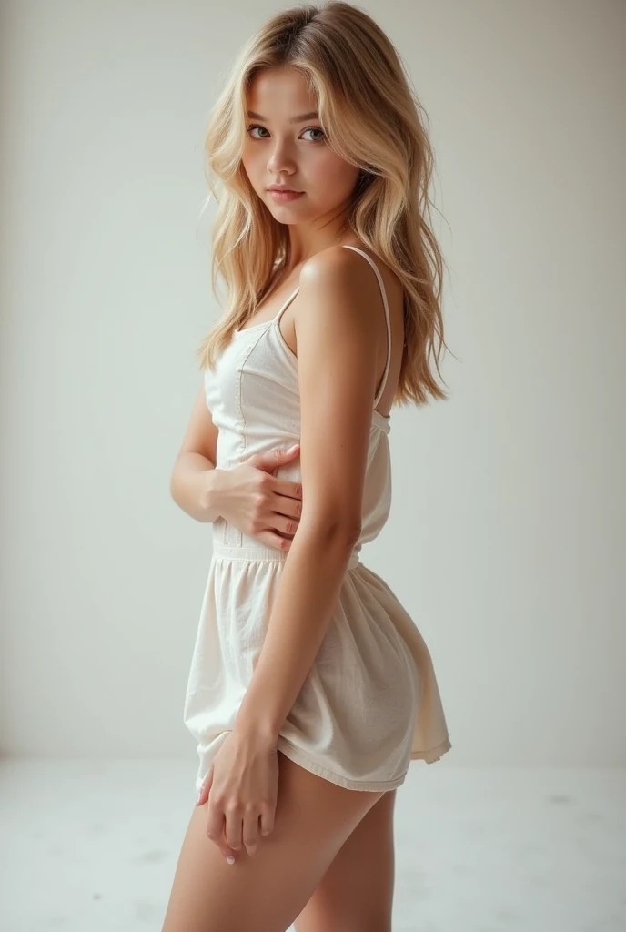 1 very young looking skinny girl in shot posing , very slim tight skinny super model bod, 16y,lond, in high school