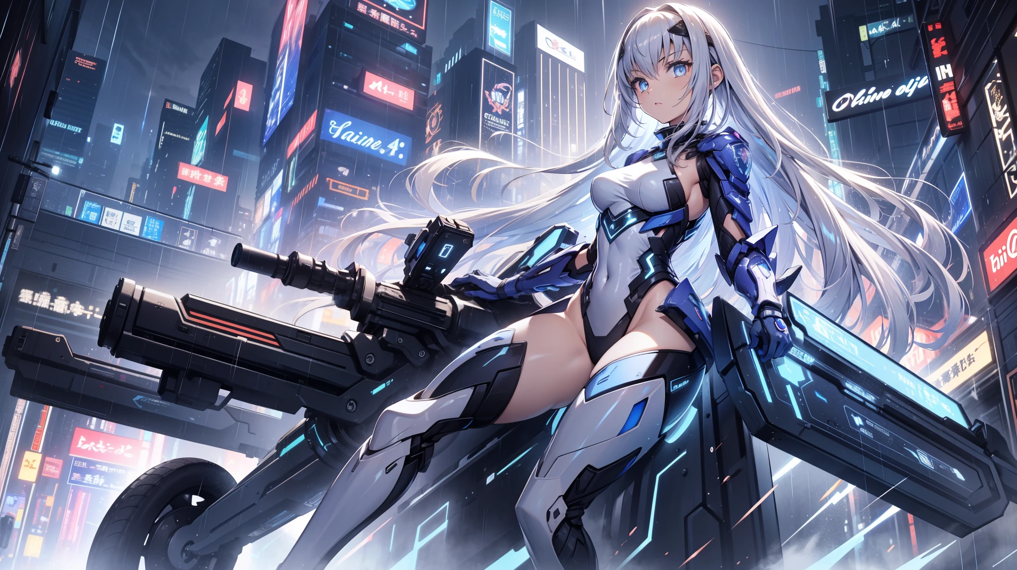 ( is of the highest quality,4K, 8,000, high resolution, masterpiece :1.2), Super Fine , girl ,Holy,( Silver white long hair ), blue eyes ,obsessed, Elegant posture ,玩得 happy ,in love, Lovely cloth , Detailed clothes ,pattern,Swimsuit, happy , Sci-fi city , alone ,Small amount of armor ,confrontation,rain, sci-fi combat suit