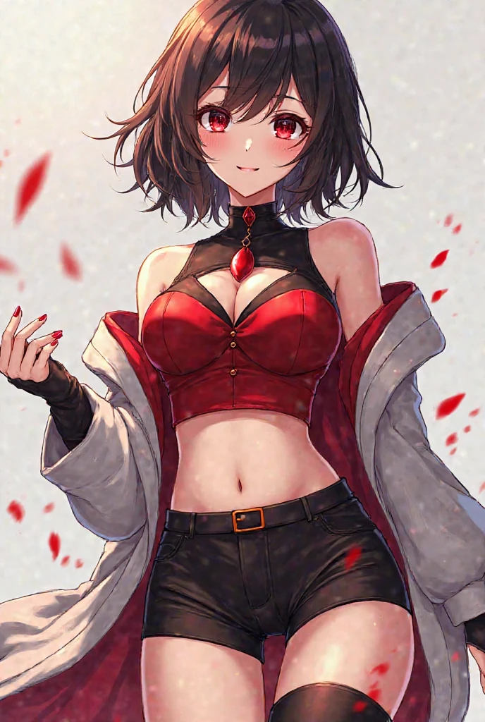 masterpiece, absurdres, 1 teenage girl, Age 15 old. Sarada\(boruto], black hair, floating hair, shoulder length hair, hair tied in ponytail, Flower ribbon on her hair. wind. masterpiece, absurdres , (intricate details), (colorful),cinematic lighting,bust shot,extremely detailed CG unity 8k wallpaper 1girl, solo, Christmas Hat, Santa style Hood unzipped jacket, Santa style Bra, Santa style Skirt, Santa style Socks. Black heels. Bedroom Background, lying on bed or sleeping position. snow falling. Sarada Attractive looking. athletic Abs detailed, biceps triceps pumped up, body sweat glow, sweat on her body, Slutty Wide hips, (Medium Breast) [Beautiful Curvy butt]. Heart shaped Lips, Painted Lips shine. detailed eyes, blushed, Adorable Facial, looking at viewer. Frameless glasses, choker. Detailed Red eyes