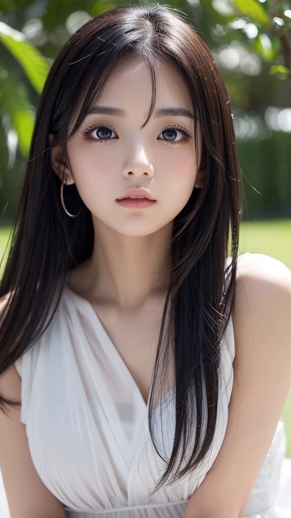 Shining, clear, white skin、Her windblown black hair hides her beautiful face.、huge、Sexy beautiful face of 28 years old、Beautiful straight hair that stands out、growing up, glowing light brown eyes、Sexy long silky bangs covering the eyes, Sexy young woman with super long hair hiding her sexy face、Shiny black hair、(((Sexy Woman)))、The cleavage is visible,Red sexy dress
