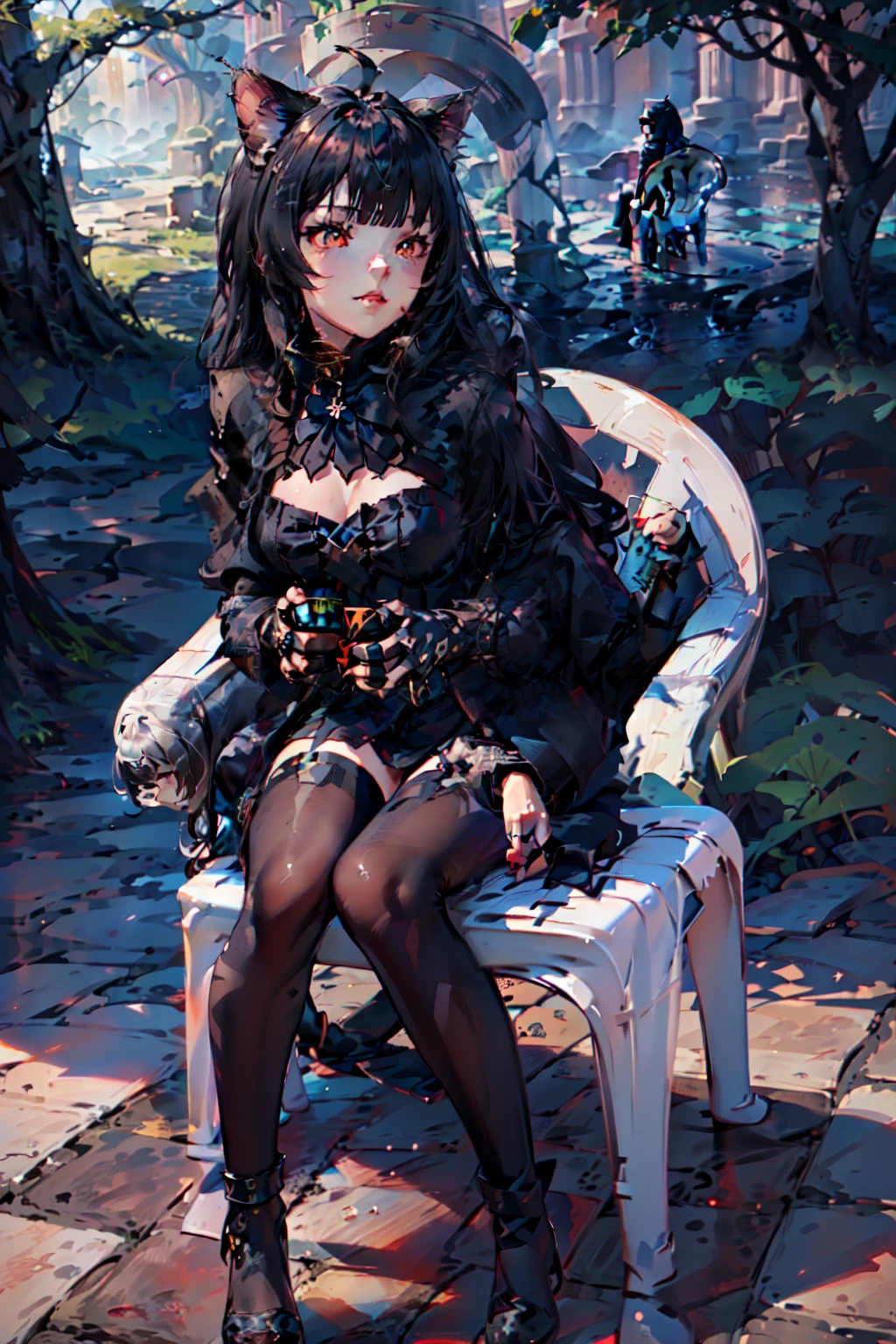 Highly detailed, High Quality, Masterpiece, beautiful, HoldingMonsterEnergy, (((cat girl, cat ears)), (red eyes), (long hair), (( black hair, (Ahoge), straight bangs,)), ropa negra, ,motivatedchair,