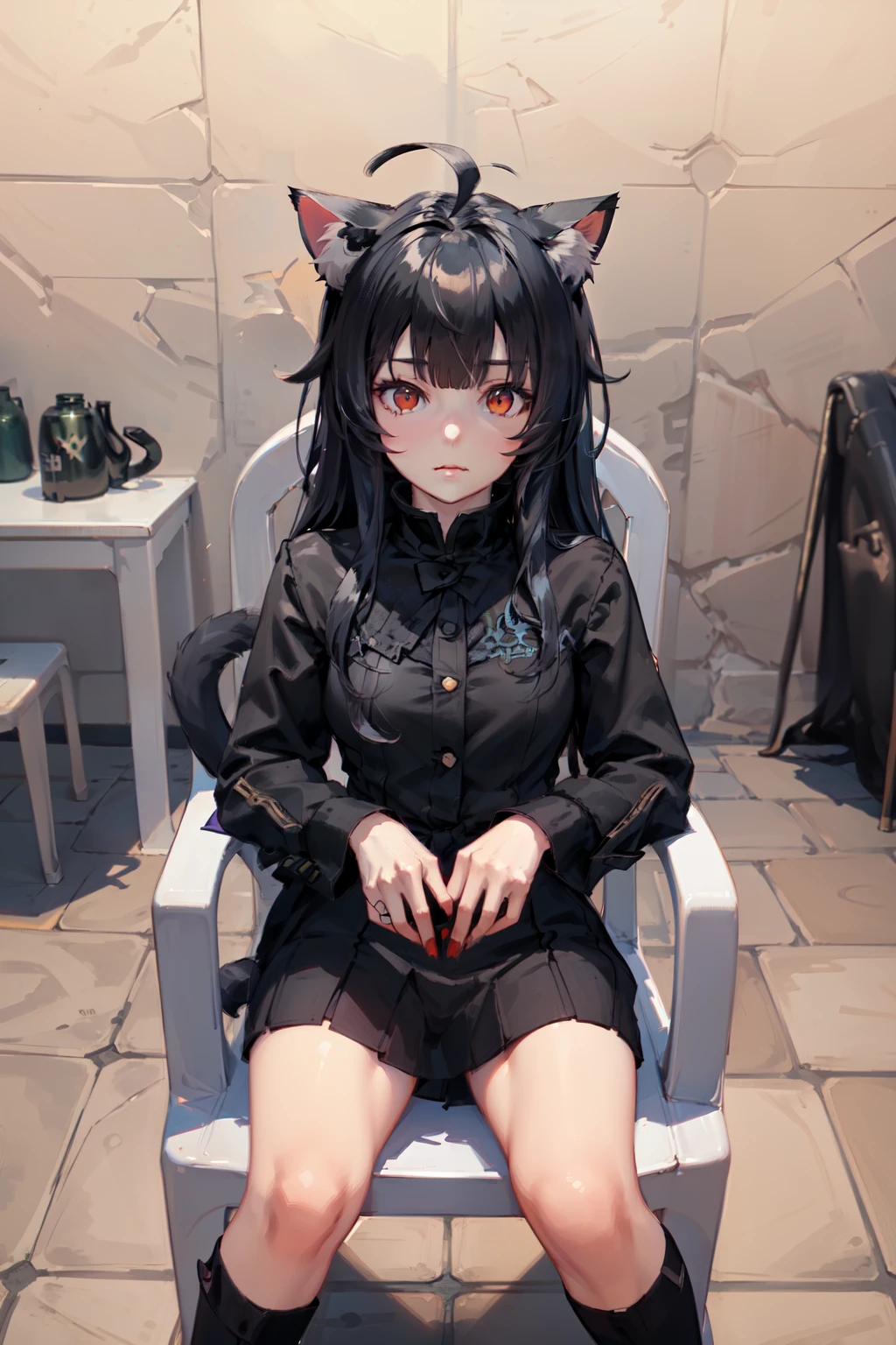 Highly detailed, High Quality, Masterpiece, beautiful, HoldingMonsterEnergy, (((cat girl, cat ears)), (red eyes), (long hair), (( black hair, (Ahoge), straight bangs,)), ropa negra, ,motivatedchair,