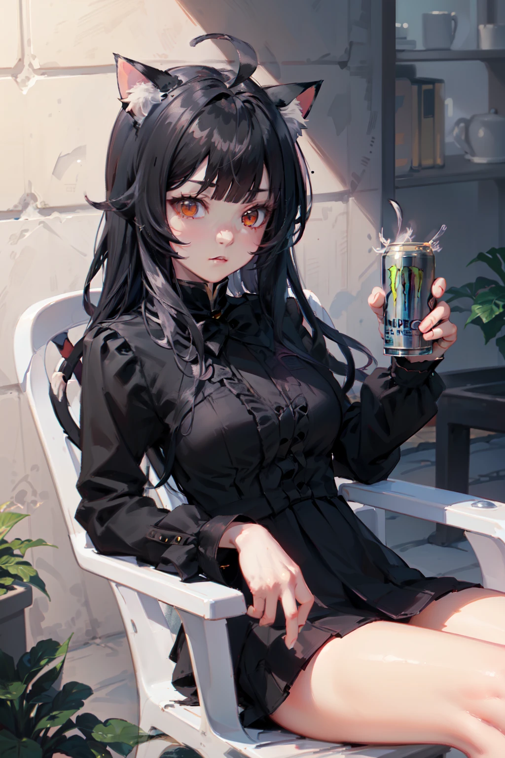 Highly detailed, High Quality, Masterpiece, beautiful, HoldingMonsterEnergy, (((cat girl, cat ears)), (red eyes), (long hair), (( black hair, (Ahoge), straight bangs,)), ropa negra, ,motivatedchair,