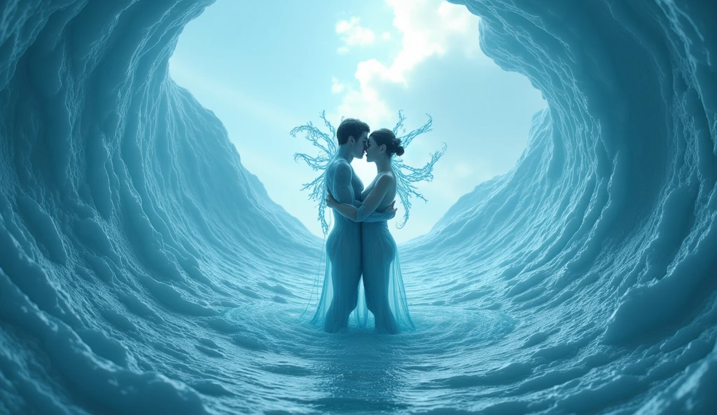 An (ice sculpture) of (two young men) kissing. Handsome, ice figure, frost, muscular, statue