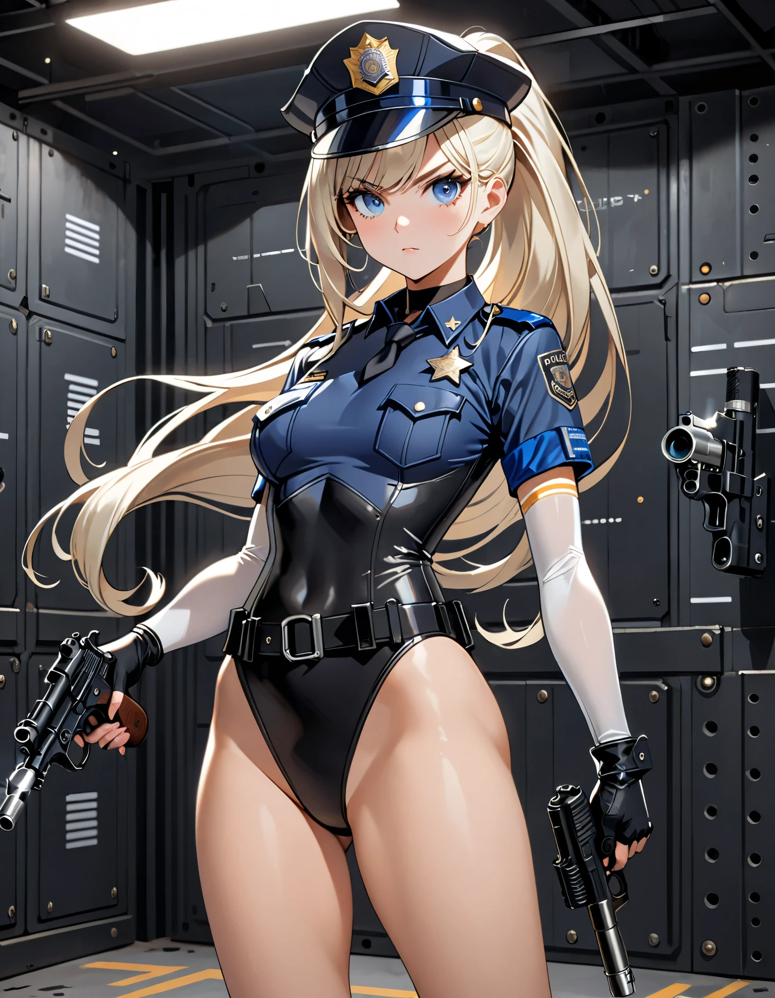 (masterpiece), (best quality), (high res), 1girl, tall body, ((long hair, platinum blonde hair, ponytail hair)), (piercing blue eyes), beautiful detailed eyes, beautiful detailed face, cute face, perfect hands, complete fingers, perfect anatomy, perfect proportions, ((hat, jet black police hat)), ((leotard, matching leotard, bare legs)), ((boots, matching boots)), breasts, medium breasts, (fingerless gloves), (full body portrait), (looking away), solo, solo focus, standing, police uniform, shoulder pads, cowboy shot, high tech firing range backdrop, indoors, ((high-waisted belt, tight belt)), (armbands, white sleeves), (aiming pistol, dl44blstr), (serious expression), (full body costume design:1.2), (fix hands:1.2)