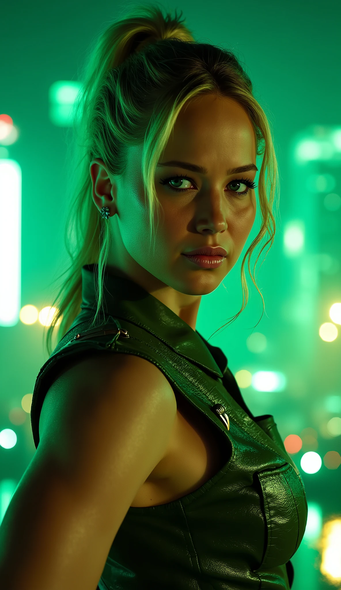 Here is a detailed prompt to generate an image ** super realistic** da Jennifer Lawrence como **Sonya Blade**, in a green military outfit bright and a backdrop of a city at night:
---
**"Close-up hiper-realista da Jennifer Lawrence como Sonya Blade, the combat specialist lieutenant of * mortal kombat*. She is in a confident and powerful pose, with a determined and focused expression , transmitting strength and combat readiness. She wears a bright green military suit, with reflective metallic details and badges that highlight your status as an experienced soldier. The lighting is dramatic , with shades of green and silver, creating strong contrasts between light and shadow. The background is a realistic setting of a city at night, with illuminated skyscrapers , neon lights, soft smoke and elements of a modern urban environment, adding an intense and enveloping atmosphere."**
---
**Extra details for realism:**
- **clothing:** Bright green military fabric, with metallic reflections and hyper-realistic textures.
- ** Expression:** looking determined and focused , conveying the essence of an experienced and ruthless soldier.
- **Bottom:** Hyper-detailed textures on skyscrapers, nas neon lights e na fumaça ao redor.
This prompt combines iconic Sonya Blade elements with Jennifer Lawrence's unique look, ensuring a cinematic and immersive result! 🔥