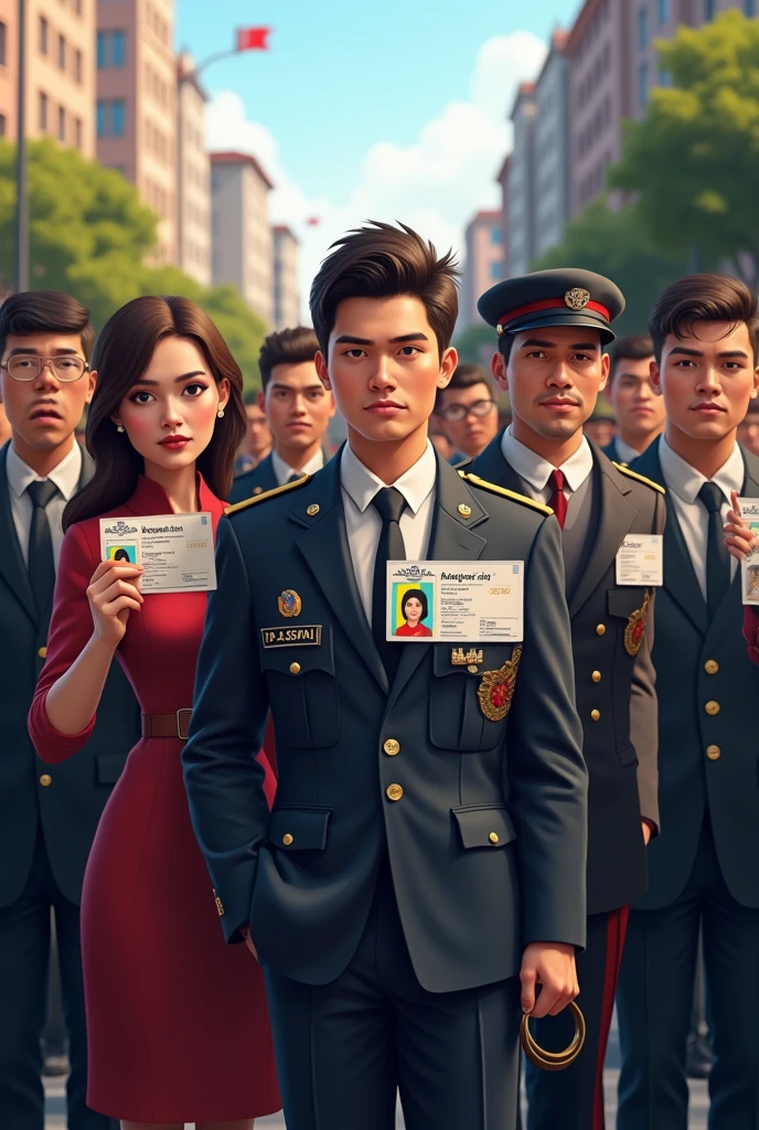 A group of people in military uniforms standing side by side, highly detailed man, detailed man, 人物, character design, several character design, 完整的character design, Everyone is wearing period-appropriate clothes, tiny villagers, 人物, Style illustration, character illustration of a, 全身character design, 非常风格化的character design, Official illustration, 高品质的character design, cute character